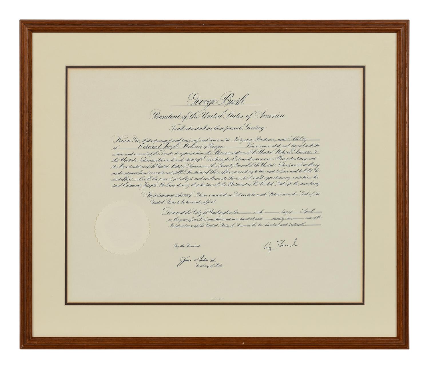 [POLITICS]. [PERKINS, Edward Joseph (1928-2020)]. A group of 9 appointments by Presidents Reagan, Bush, Clinton, and Bush to Perkins, presumably with secretarial or facsimile signatures, including: