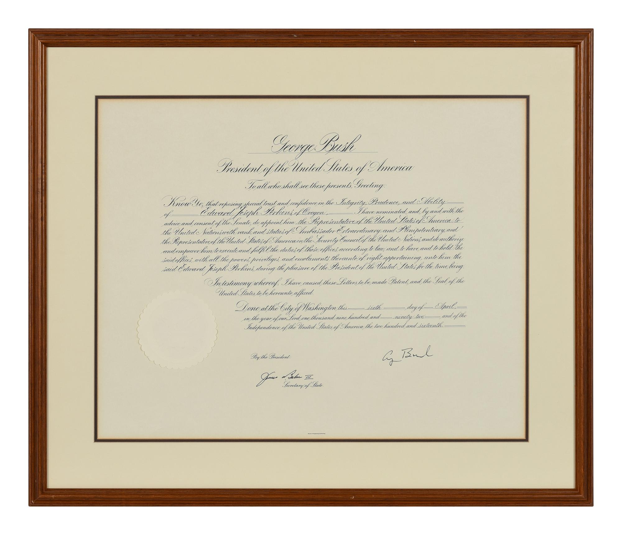 [POLITICS]. [PERKINS, Edward Joseph (1928-2020)]. A group of 9 appointments by Presidents Reagan, Bush, Clinton, and Bush to Perkins, presumably with secretarial or facsimile signatures, including: