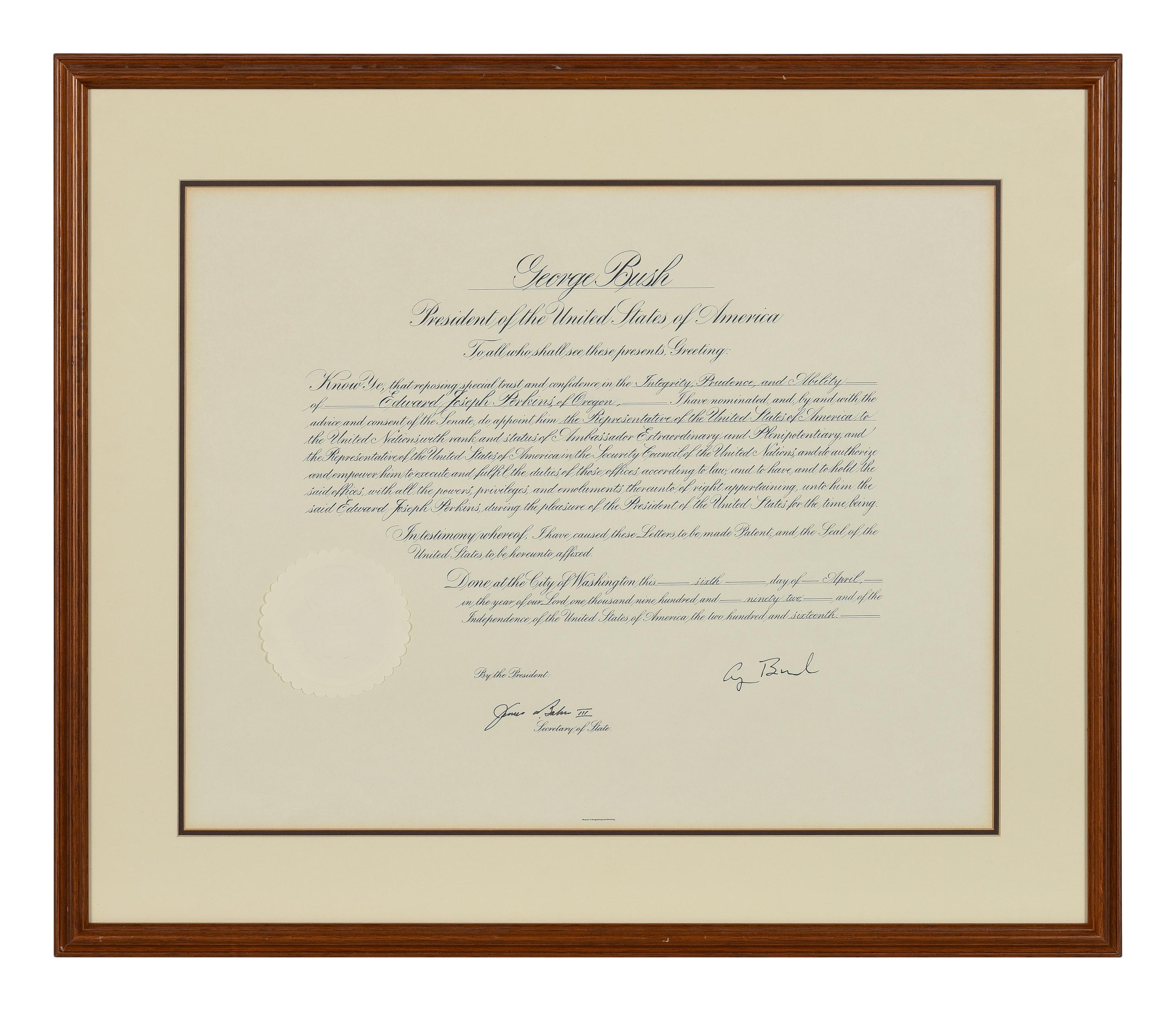 [POLITICS]. [PERKINS, Edward Joseph (1928-2020)]. A group of 9 appointments by Presidents Reagan, Bush, Clinton, and Bush to Perkins, presumably with secretarial or facsimile signatures, including: