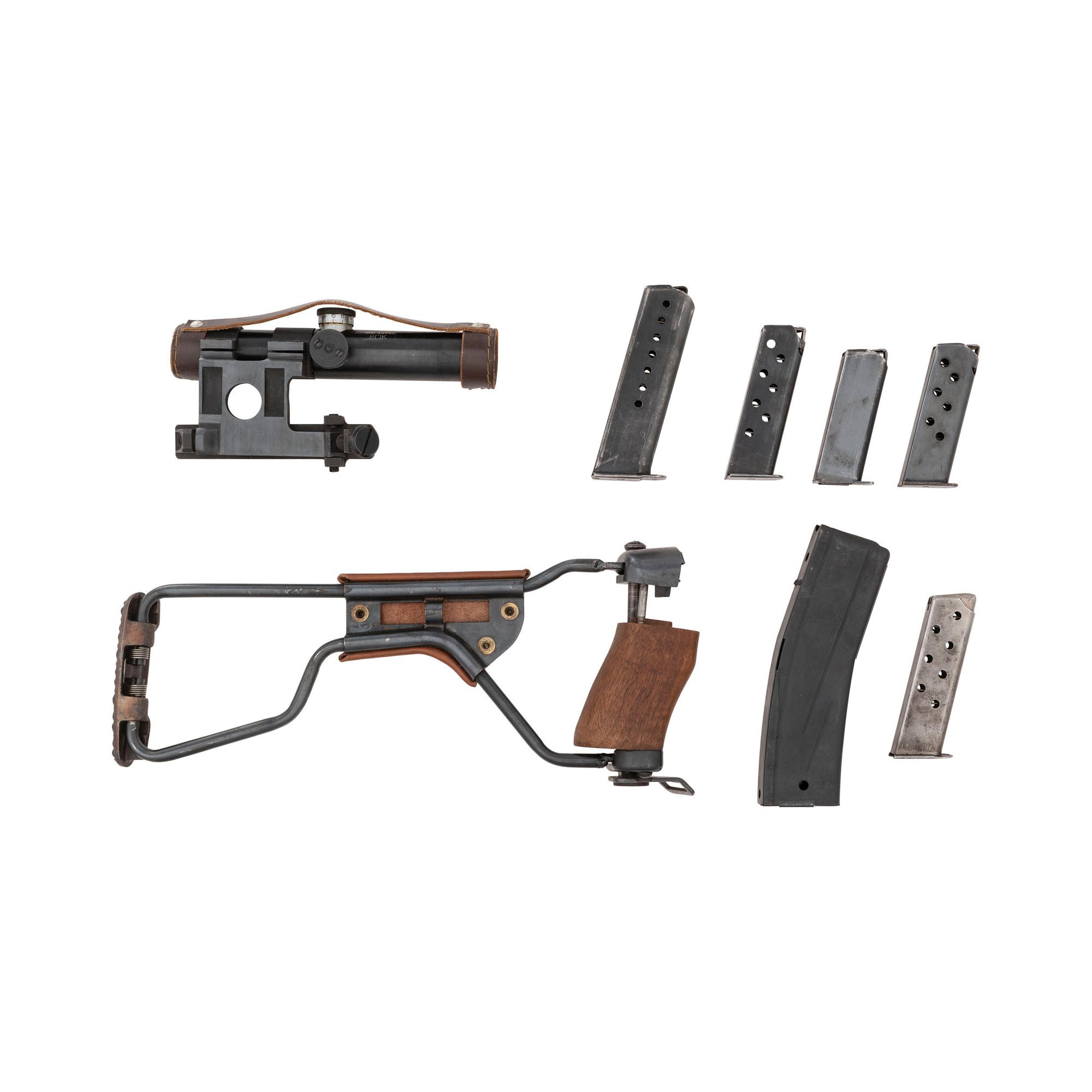 Lot of Assorted WWII-era Accessories Including: Mosin Scope, Walther Magazines, M1 Paratrooper Stock
