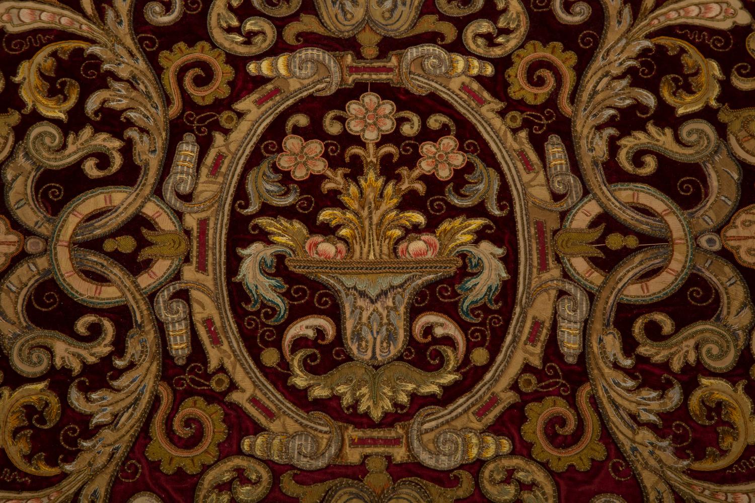 A Continental Gold Thread Embroidered Red Velvet Cloth