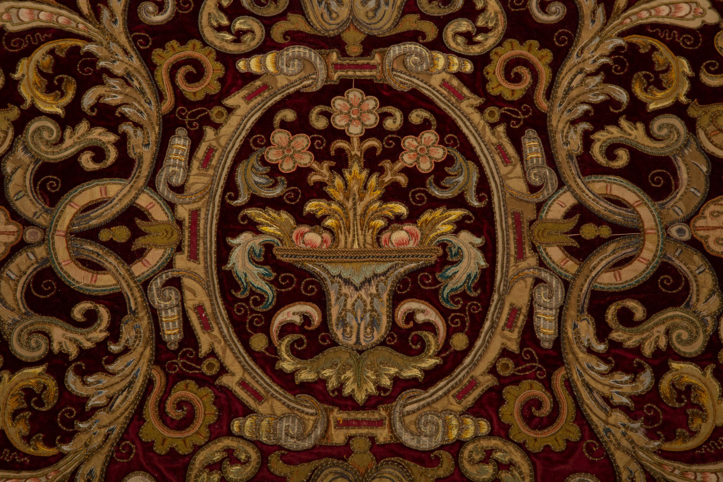 A Continental Gold Thread Embroidered Red Velvet Cloth