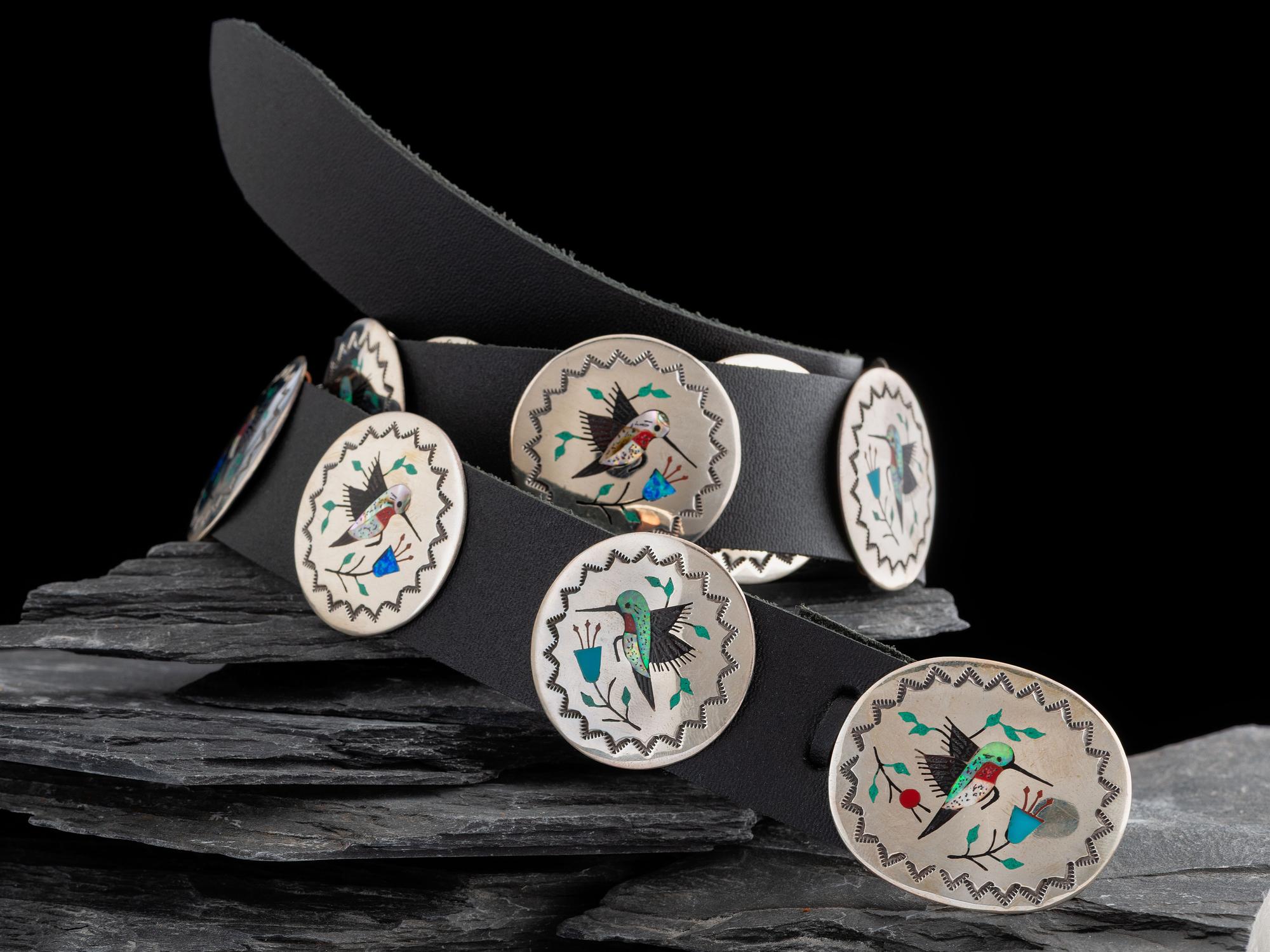Sterling Silver and Mosaic Inlay Hummingbird Concha Belt