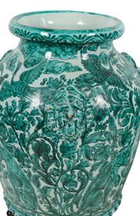 A Pair of Large Italian Green and White Glazed Ceramic Vases