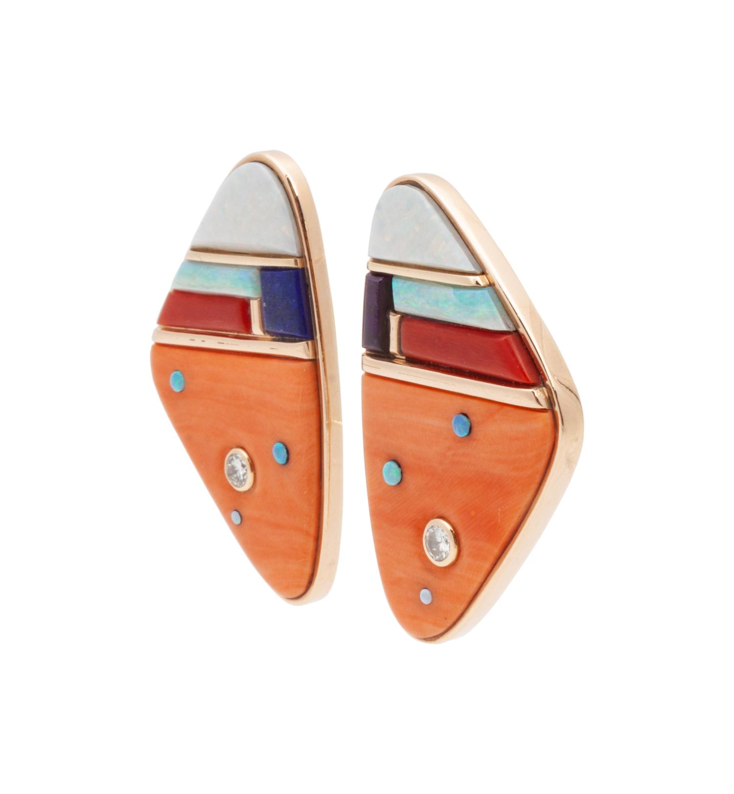 Gold Earrings, set with Opal, Coral, Lapis, and Diamonds