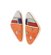 Gold Earrings, set with Opal, Coral, Lapis, and Diamonds
