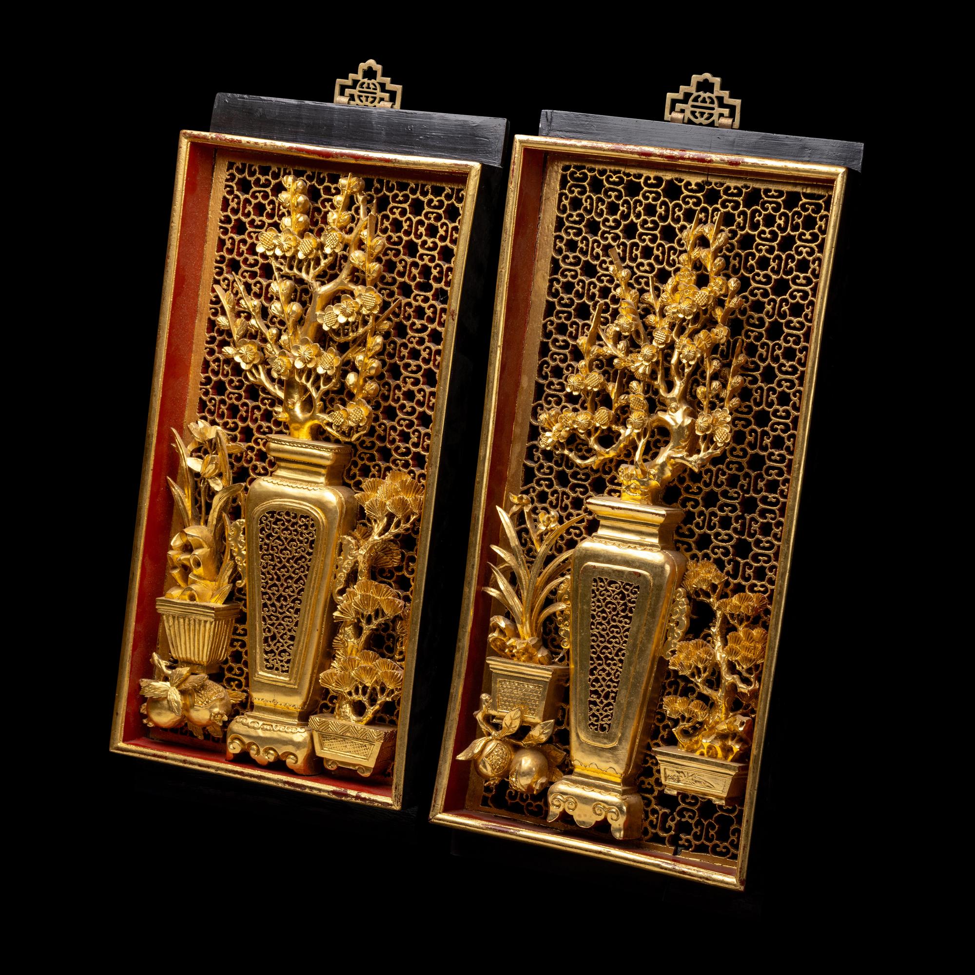 A Matched Pair of Chinese Gilt and Red Lacquered Wood Panels