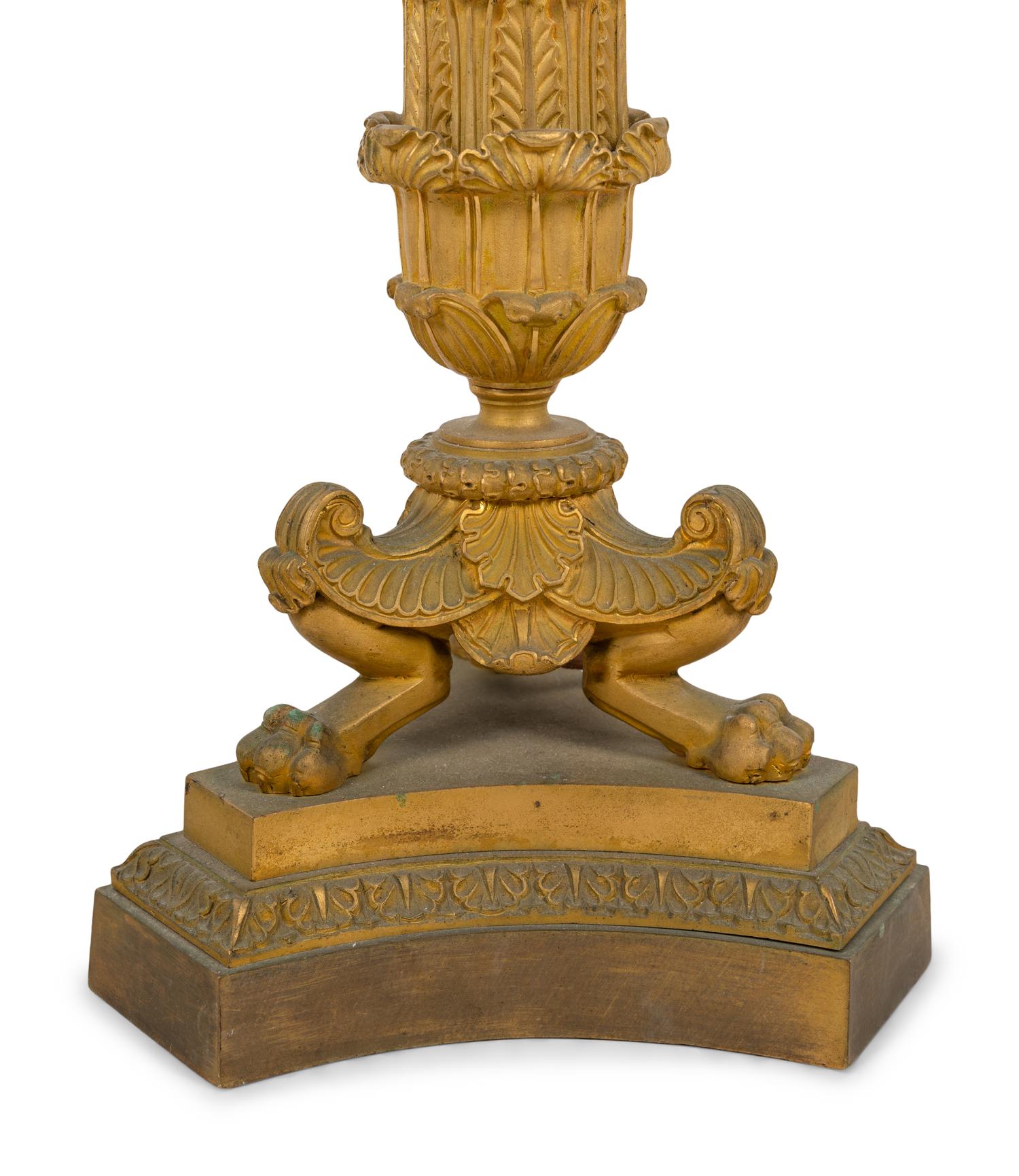 A Pair of Charles X Gilt Bronze Three-Light Candelabra Mounted as Lamps