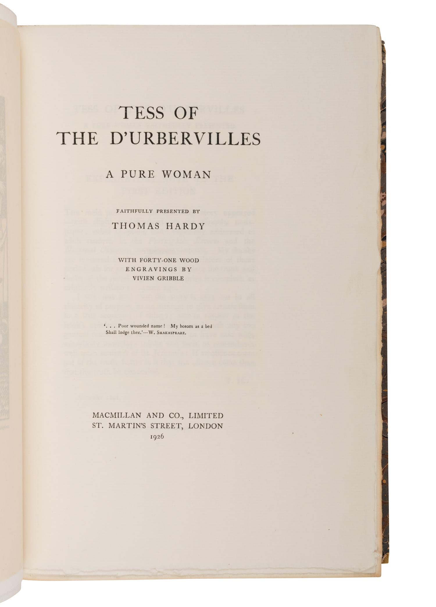 HARDY, Thomas (1840-1928). Tess of the D'Urbervilles . London: Macmillan & Co., Ltd., 1926.
