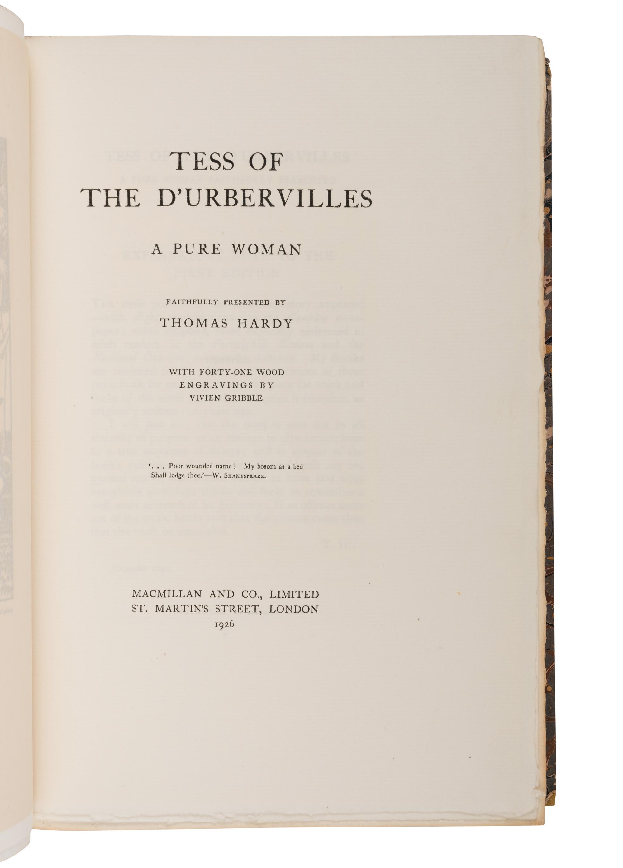 HARDY, Thomas (1840-1928). Tess of the D'Urbervilles . London: Macmillan & Co., Ltd., 1926.