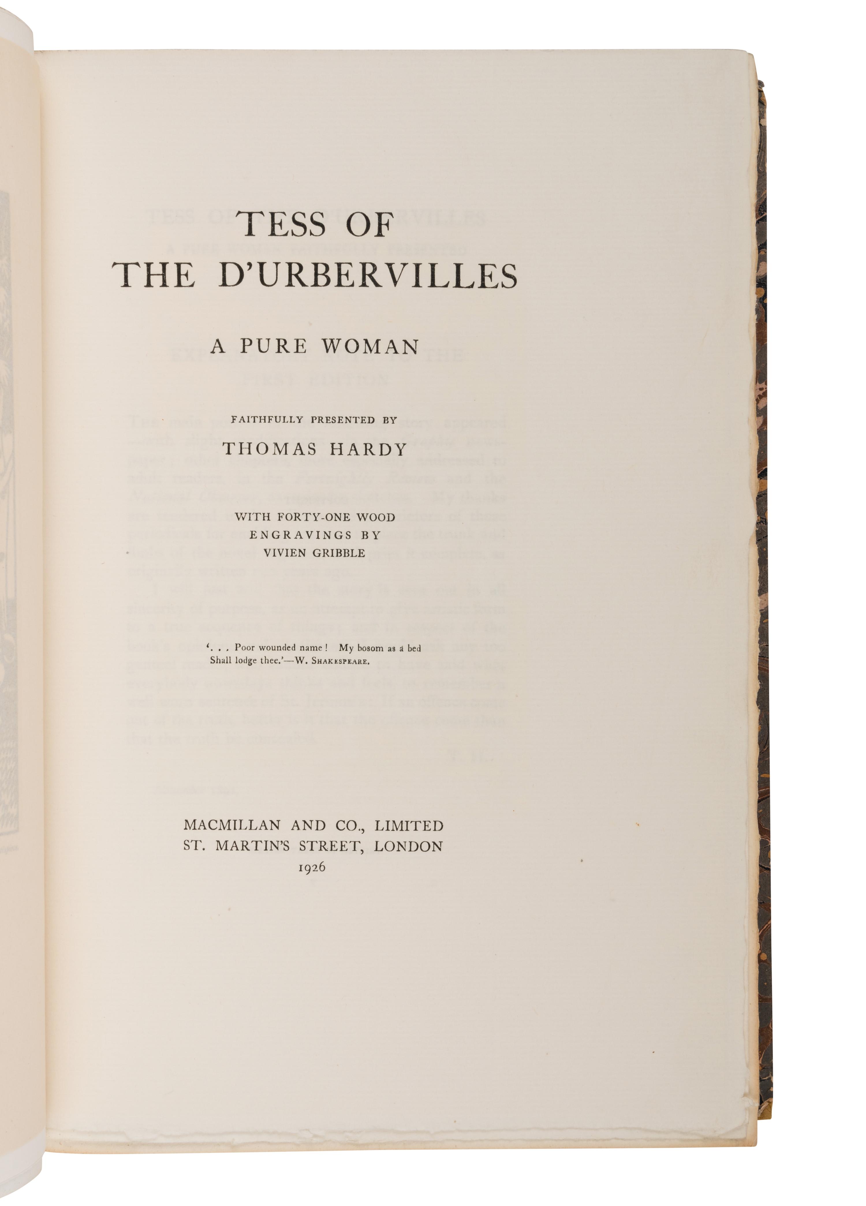 HARDY, Thomas (1840-1928). Tess of the D'Urbervilles . London: Macmillan & Co., Ltd., 1926.