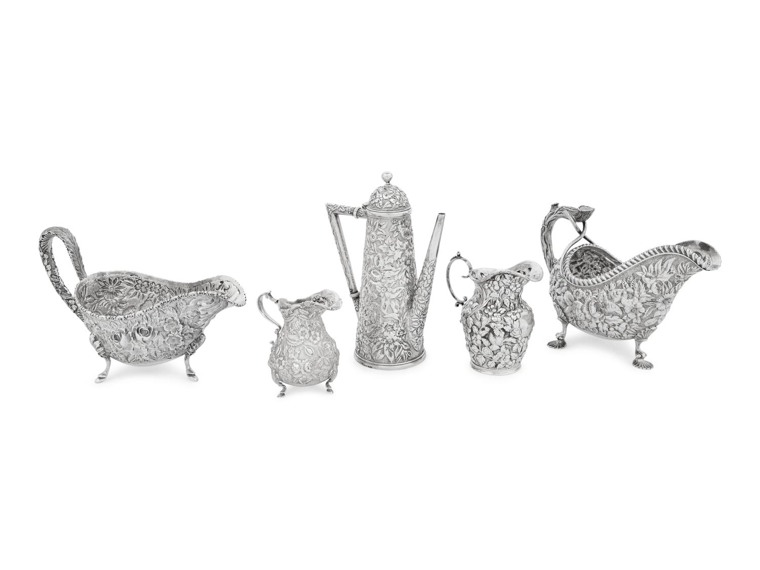 A Group of Five American Silver Repoussé Table Articles
