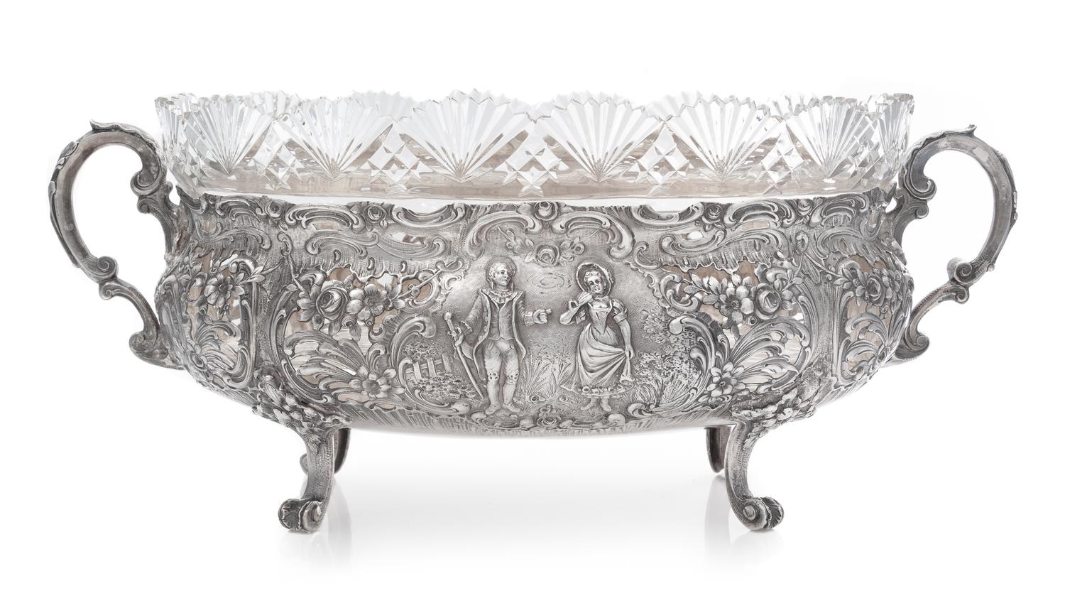 A German Silver Centerpiece Basket, Wilhelm Weinranck, Hanau, Late 19th/Early 20th Century, the openwork body with a C-scroll rim and c