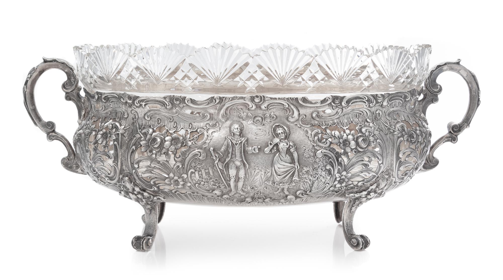 A German Silver Centerpiece Basket, Wilhelm Weinranck, Hanau, Late 19th/Early 20th Century, the openwork body with a C-scroll rim and c