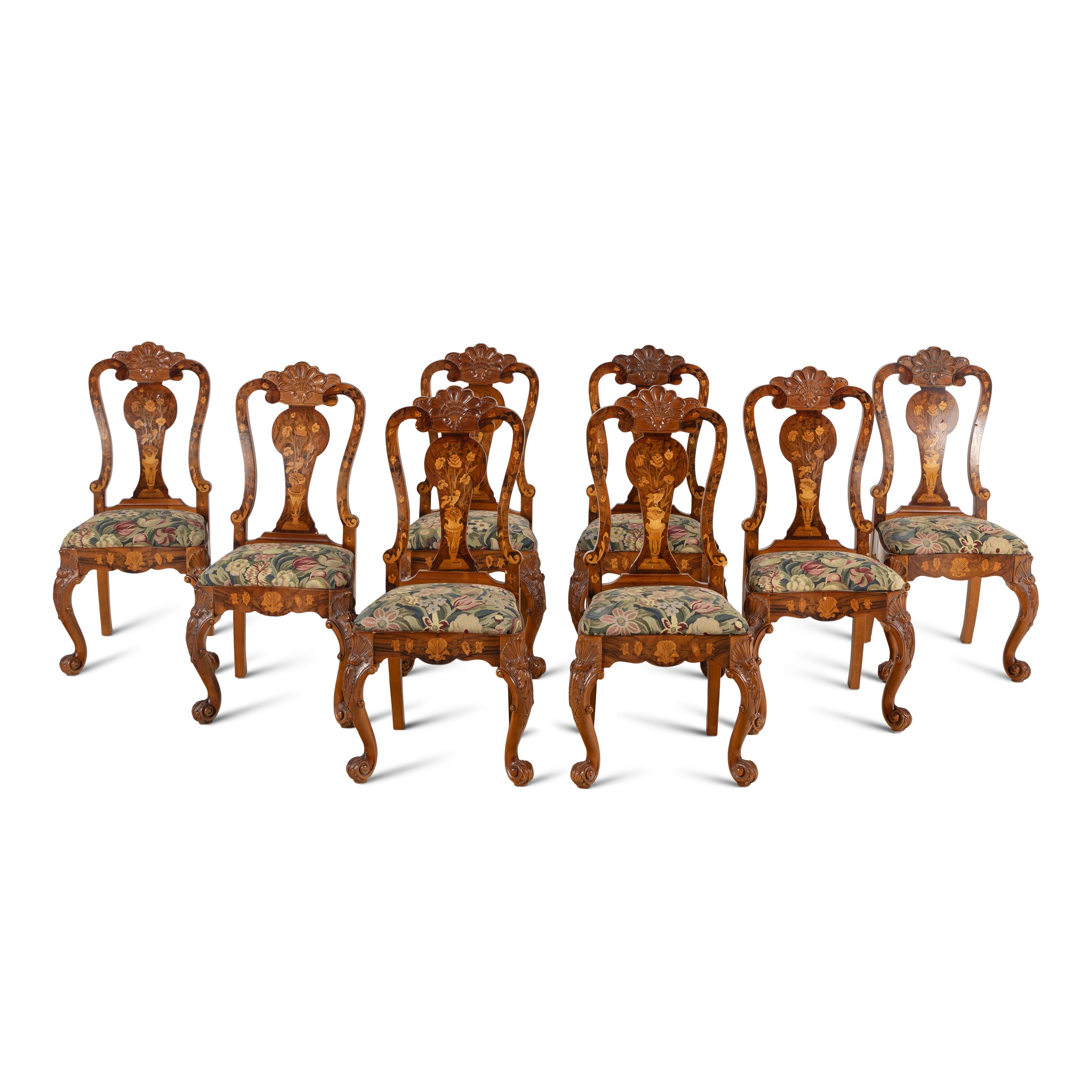 A Set of Eight Dutch Rococo Style Marquetry Dining Chairs