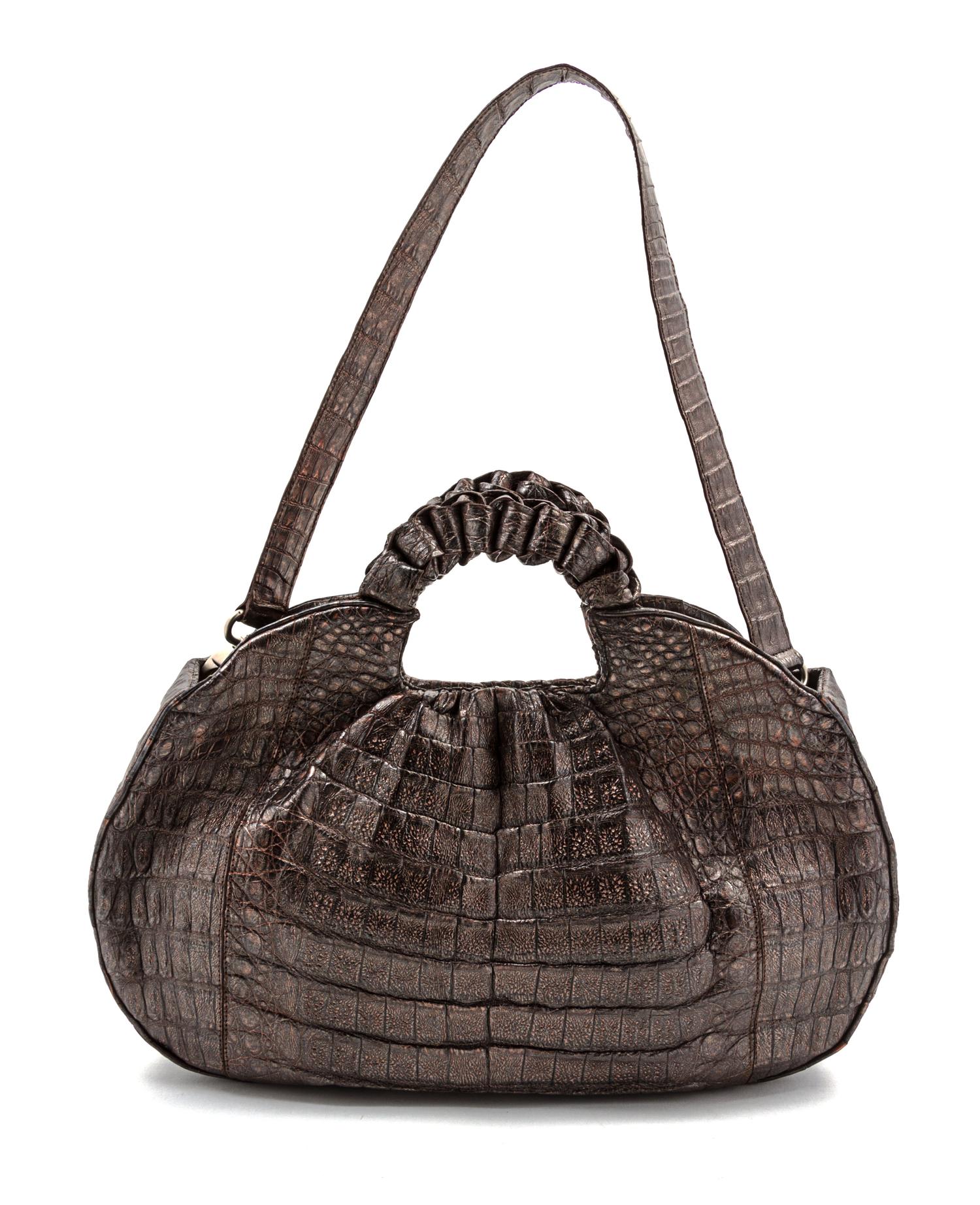 A Nancy Gonzalez Metallic Pewter Convertible Crocodile Bag, 13 1/2 x 7 x 3 inches.
