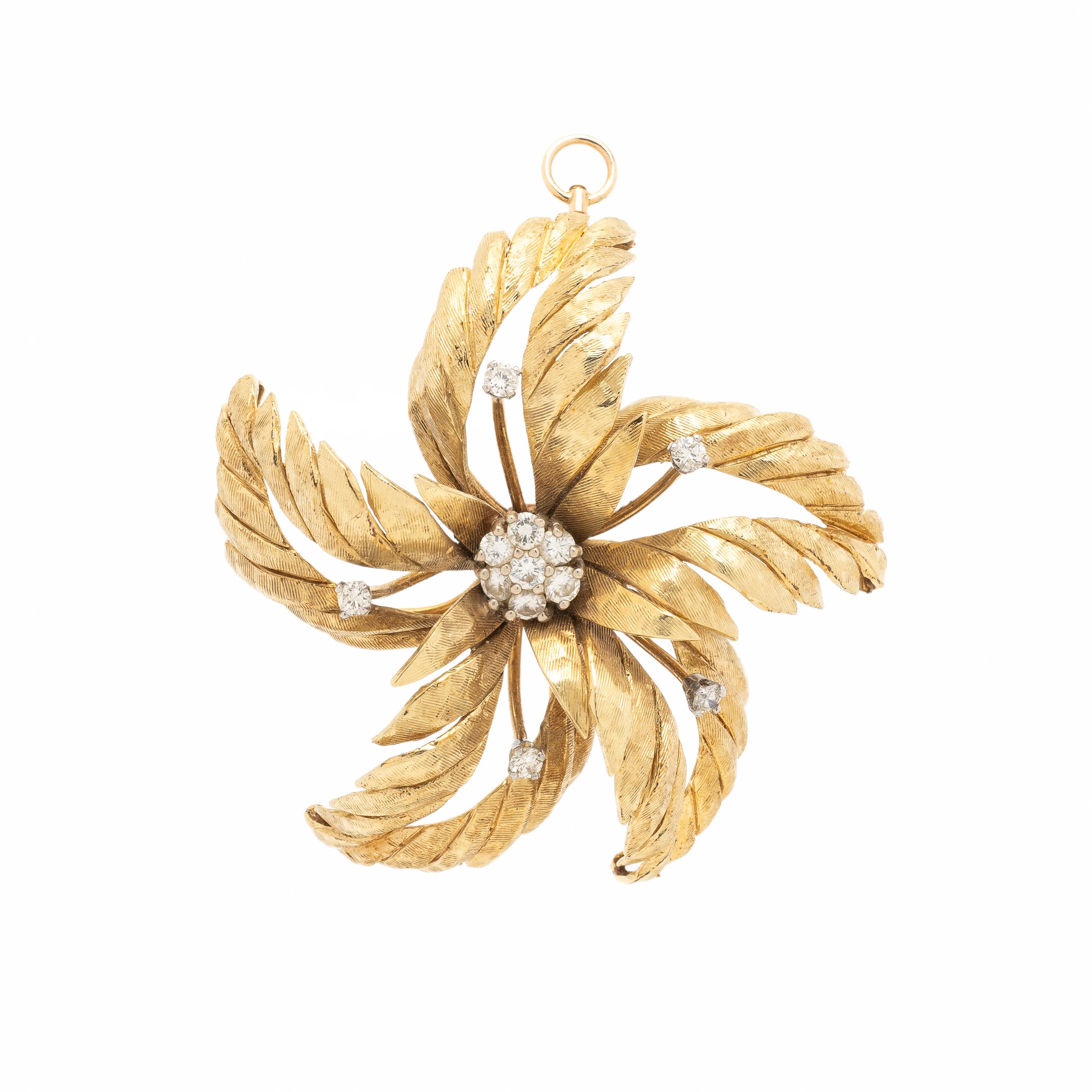 YELLOW GOLD AND DIAMOND FLOWER PENDANT BROOCH