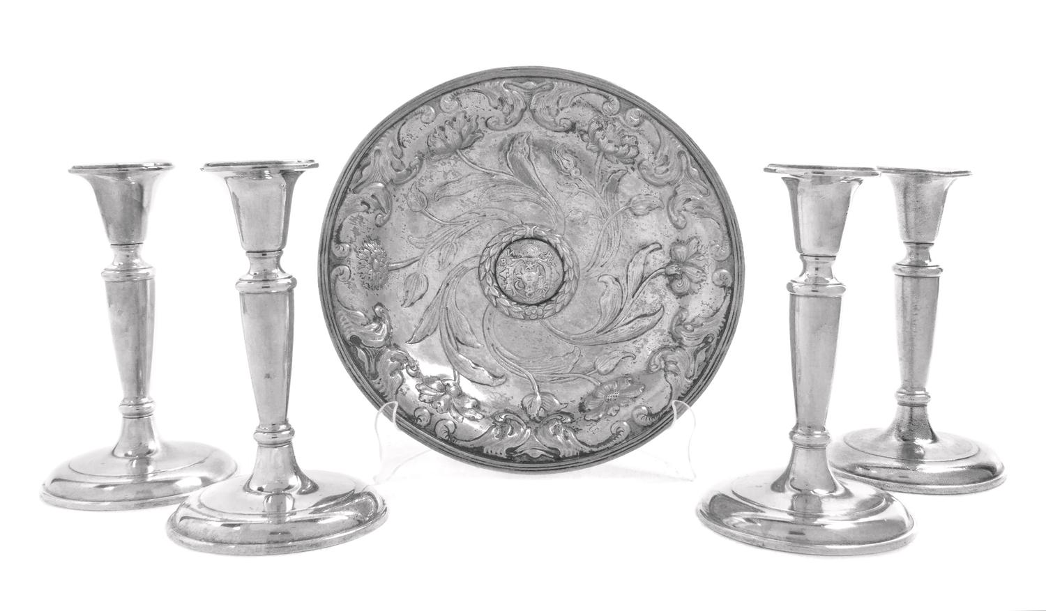 A Group of Silvered Metal Table Articles Height of tallest 7 3/4 inches.