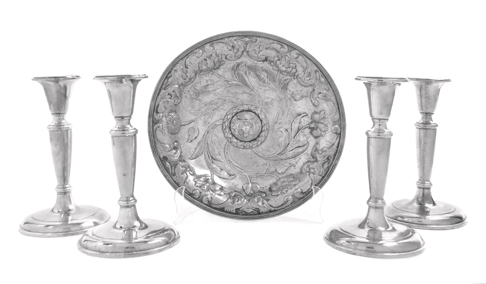 A Group of Silvered Metal Table Articles Height of tallest 7 3/4 inches.