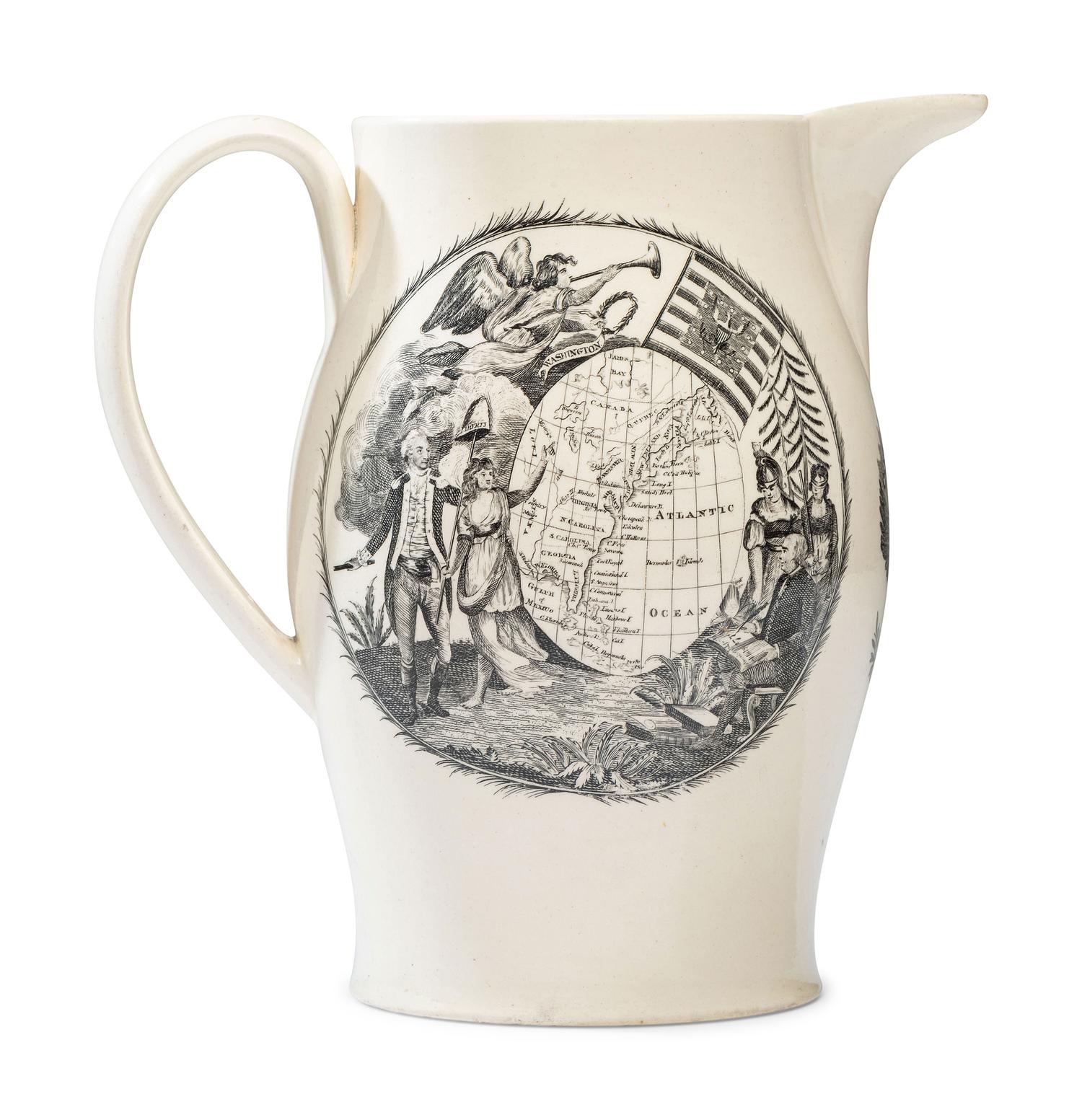 A Liverpool Transfer-Printed Creamware 'Peace, Plenty, and Independence' Pitcher