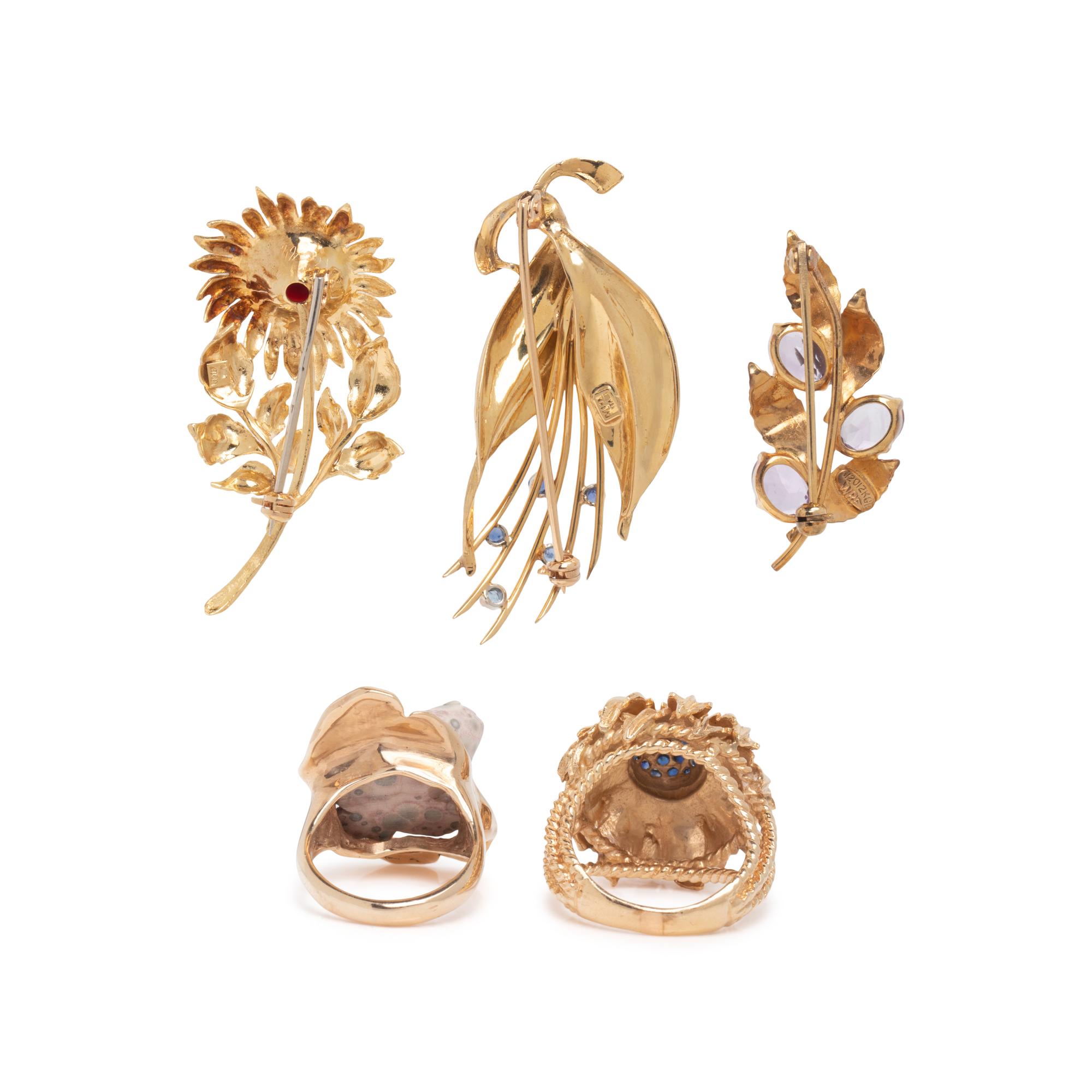 COLLECTION OF YELLOW GOLD AND MULTIGEM GARDEN THEMED JEWELRY