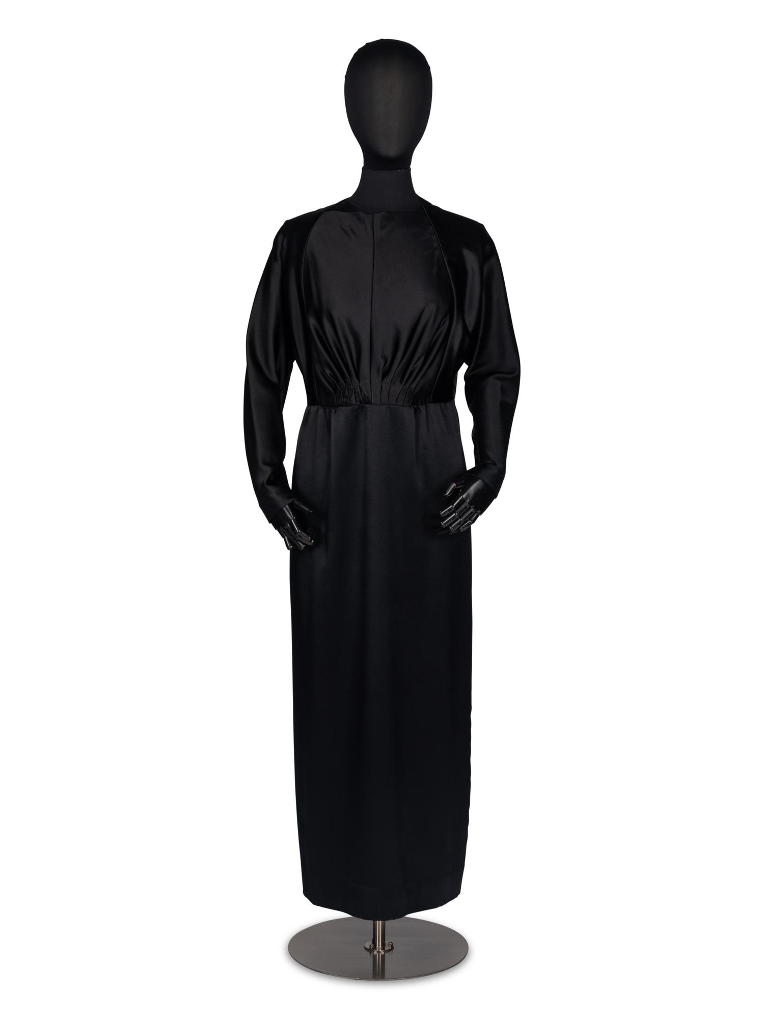 Geoffrey Beene Black Satin Gown with Scarf and Evening Bag