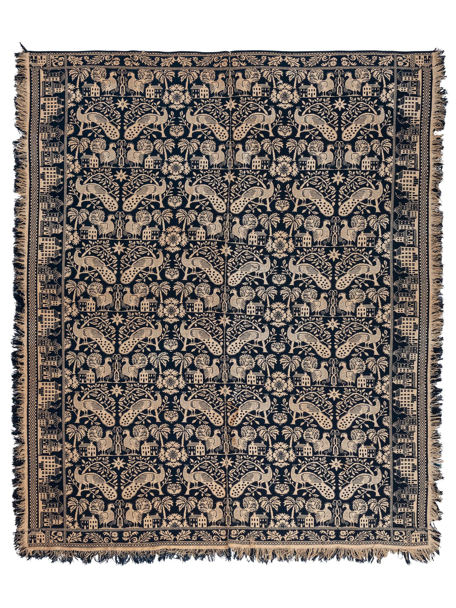 A Peacock, Turkey and Architectural Pattern Jacquard Coverlet