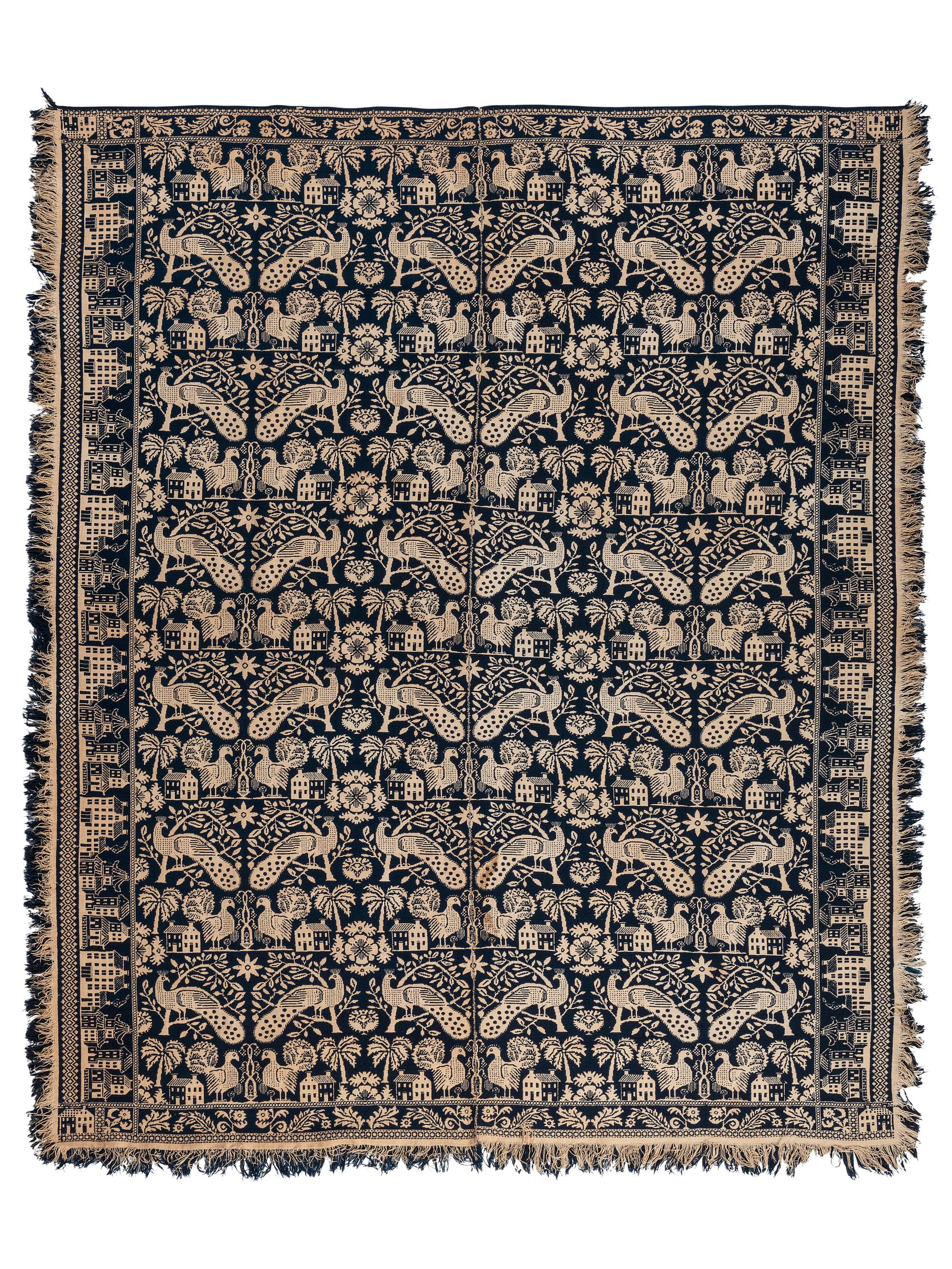 A Peacock, Turkey and Architectural Pattern Jacquard Coverlet