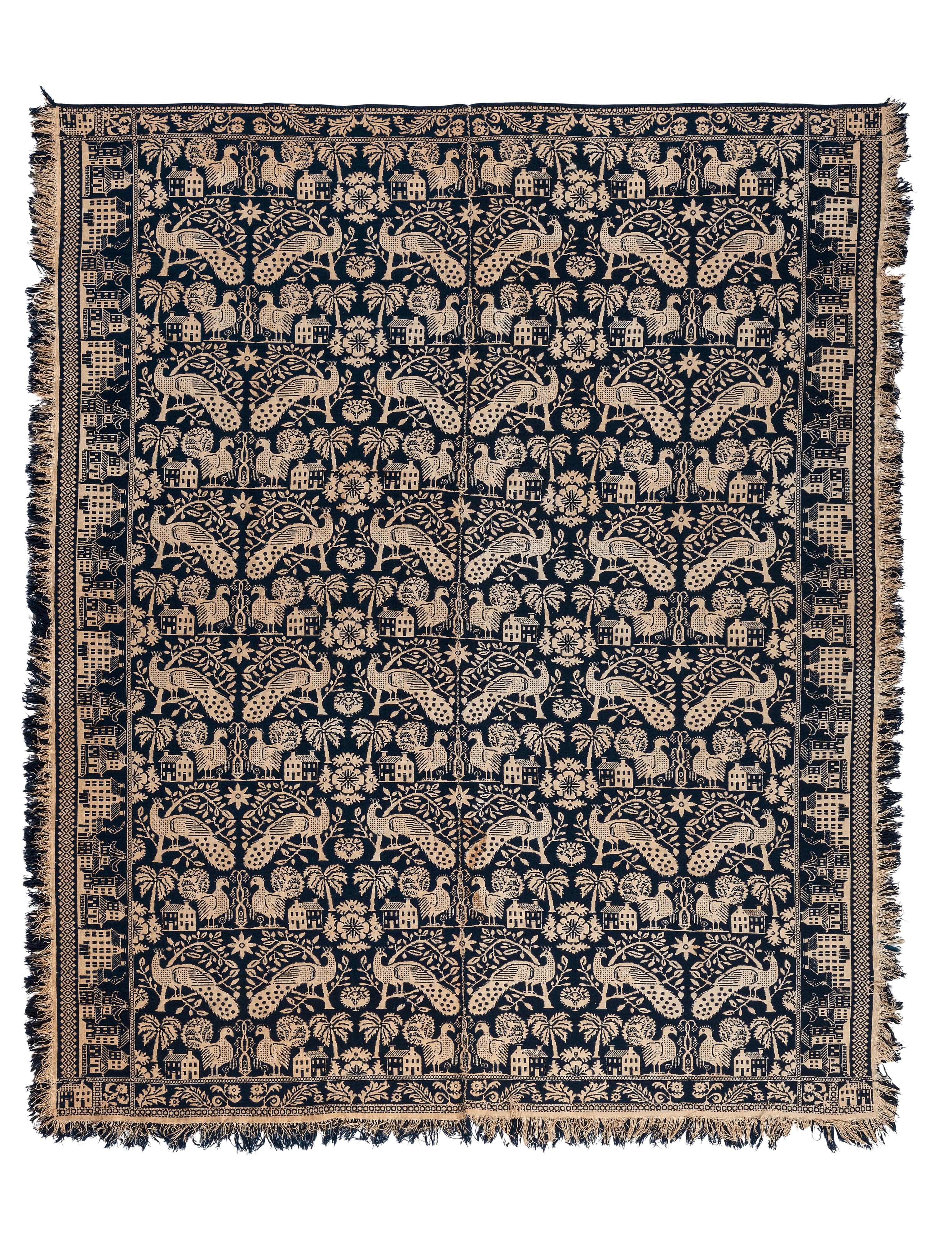 A Peacock, Turkey and Architectural Pattern Jacquard Coverlet