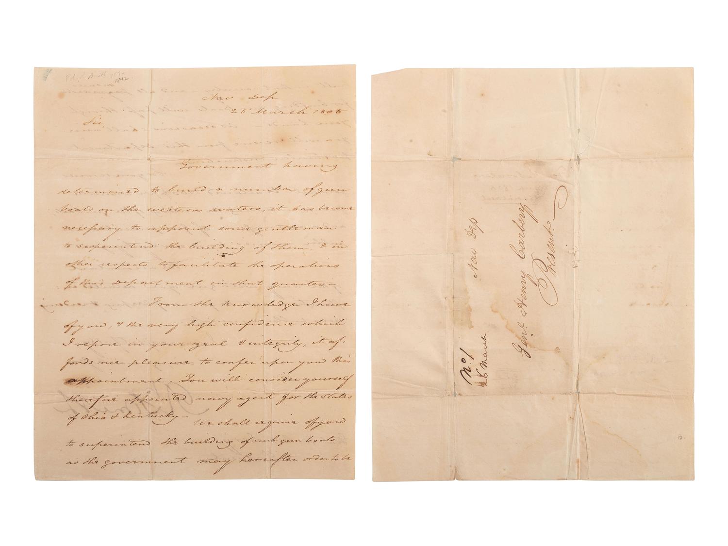 [NAVY]. SMITH, Robert (1757-1842). Letter signed ("Rt. Smith"). Navy Department, 26 March 1805.