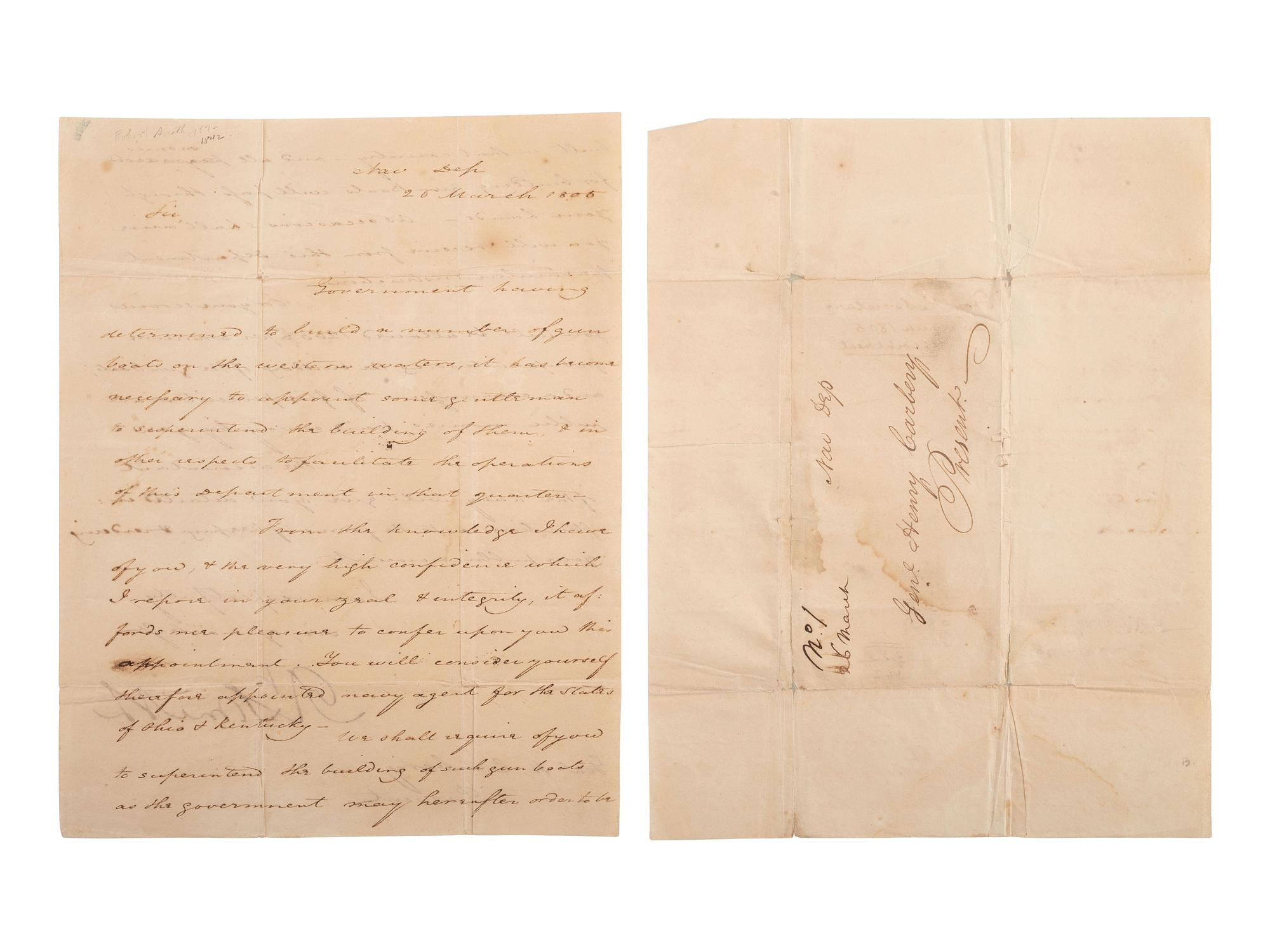 [NAVY]. SMITH, Robert (1757-1842). Letter signed ("Rt. Smith"). Navy Department, 26 March 1805.