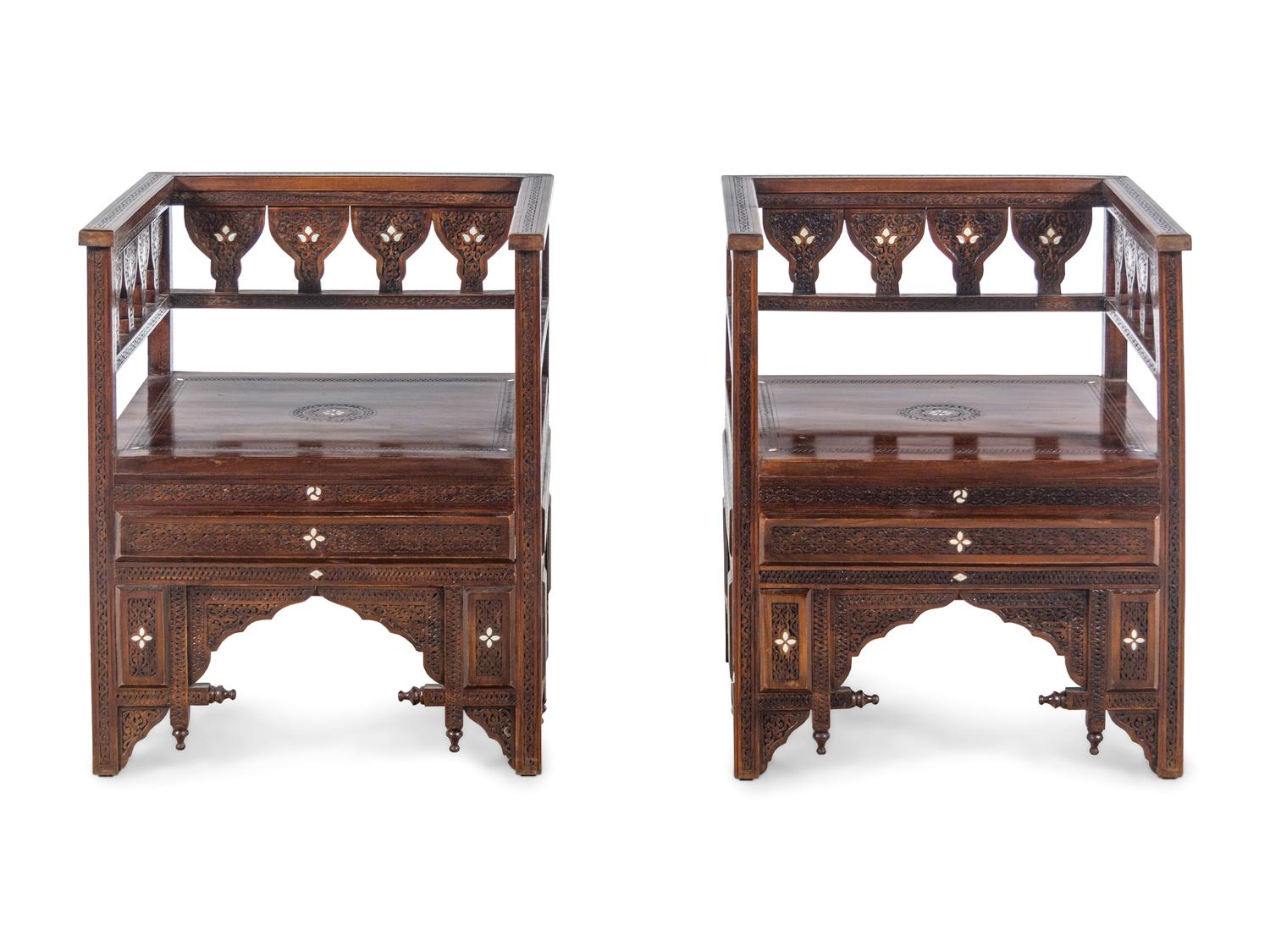 A Pair of Syrian Mother-of-Pearl Inlaid Walnut Armchairs