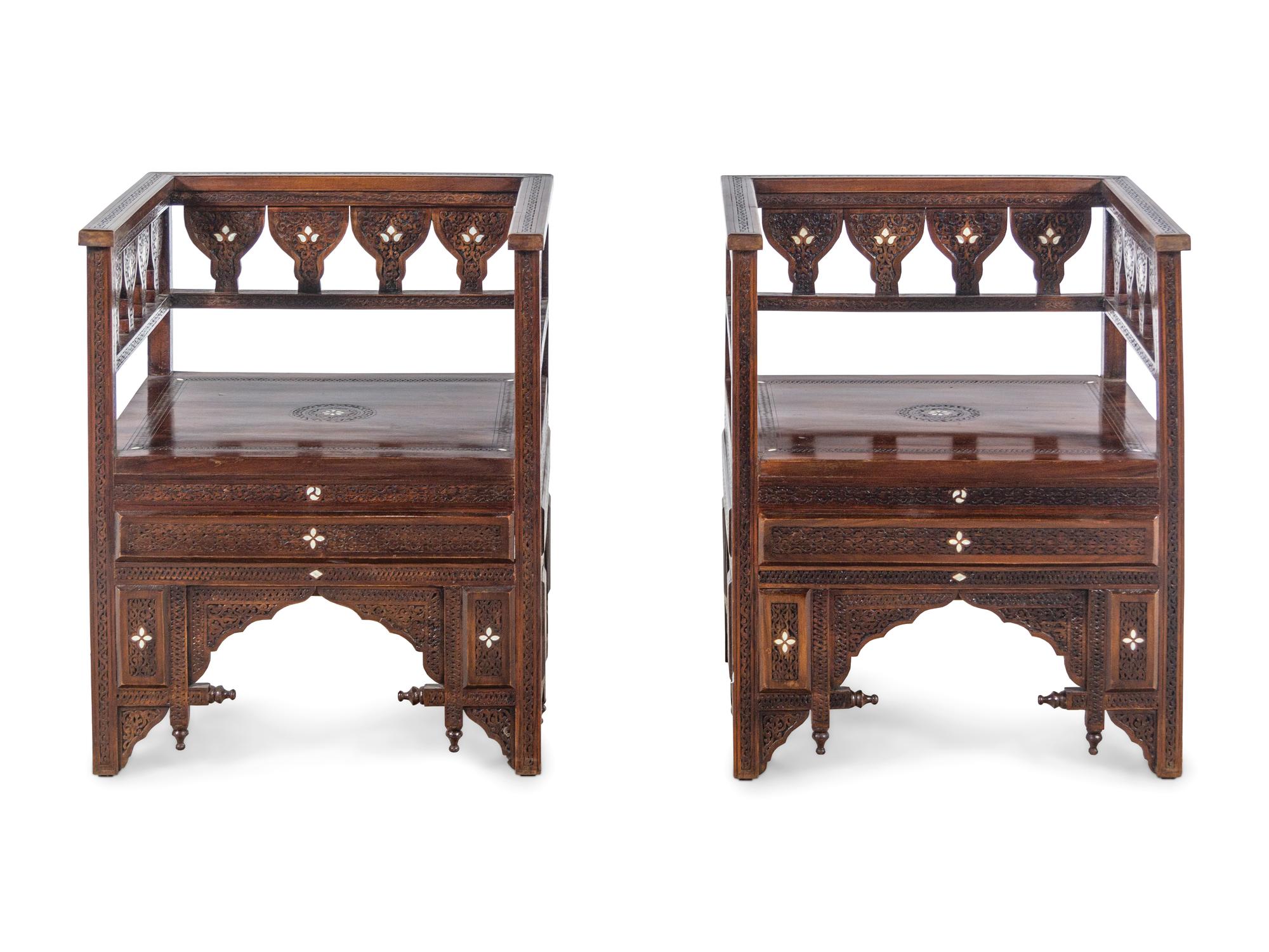 A Pair of Syrian Mother-of-Pearl Inlaid Walnut Armchairs