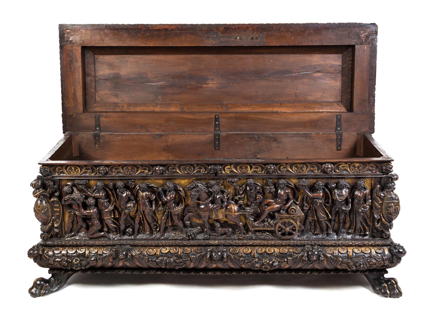 A Pair of Italian Renaissance Style Parcel Gilt Walnut Cassoni Height 32 x width 72 x depth 25 inches. — 19TH CENTURY WITH 17TH CENTURY ELEMENTS