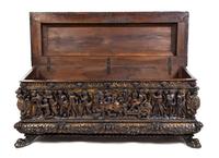 A Pair of Italian Renaissance Style Parcel Gilt Walnut Cassoni Height 32 x width 72 x depth 25 inches. — 19TH CENTURY WITH 17TH CENTURY ELEMENTS