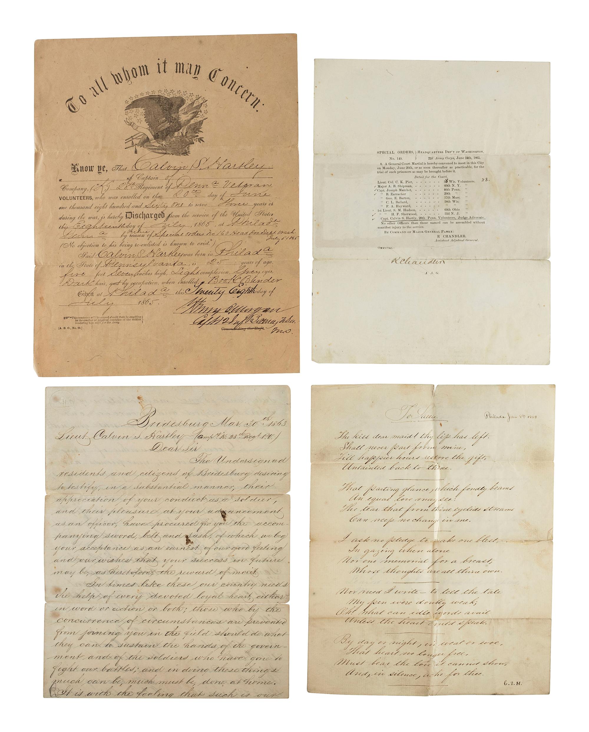 [CIVIL WAR]. Civil War archive of Captain Calvin S. Hartley (ca 1840-1905), 28th Pennsylvania Volunteers and Judge Adjutant, with personal accounts of the Battles of Chancellorsville and Dug Gap.