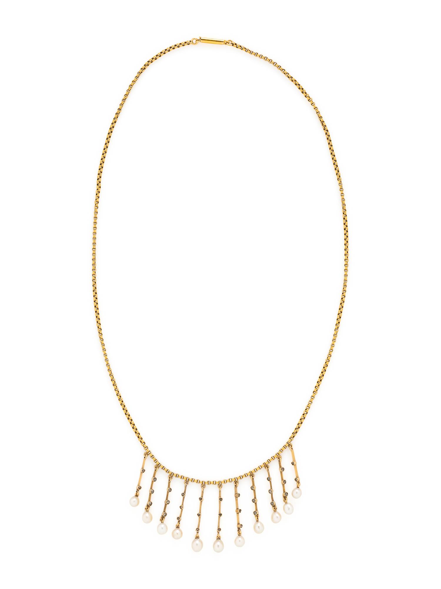 VICTORIAN, YELLOW GOLD, DIAMOND, AND CULTURED PEARL FRINGE NECKLACE