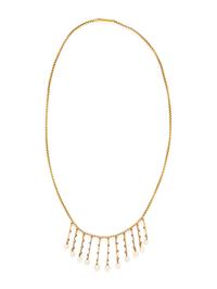 VICTORIAN, YELLOW GOLD, DIAMOND, AND CULTURED PEARL FRINGE NECKLACE