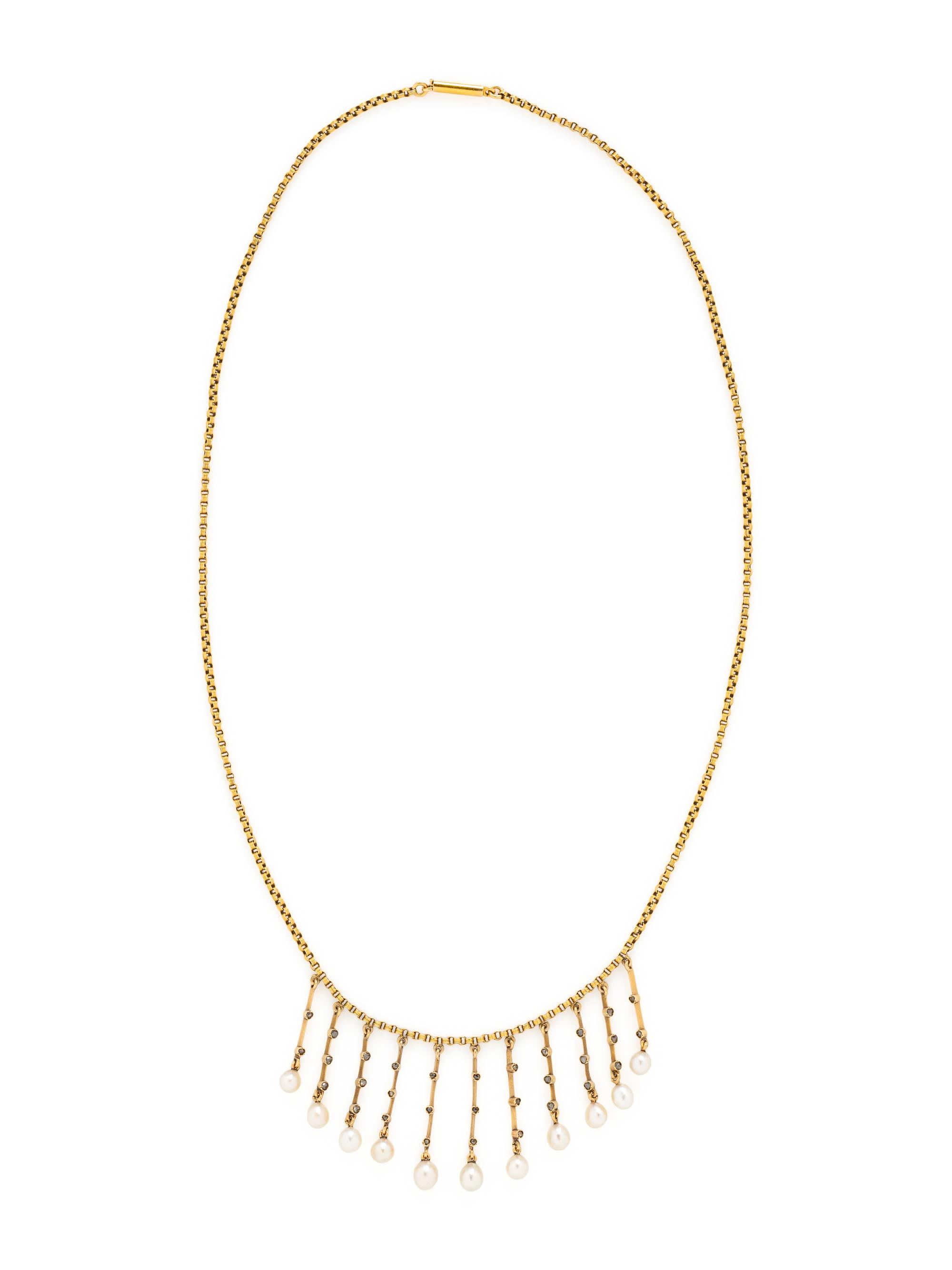 VICTORIAN, YELLOW GOLD, DIAMOND, AND CULTURED PEARL FRINGE NECKLACE