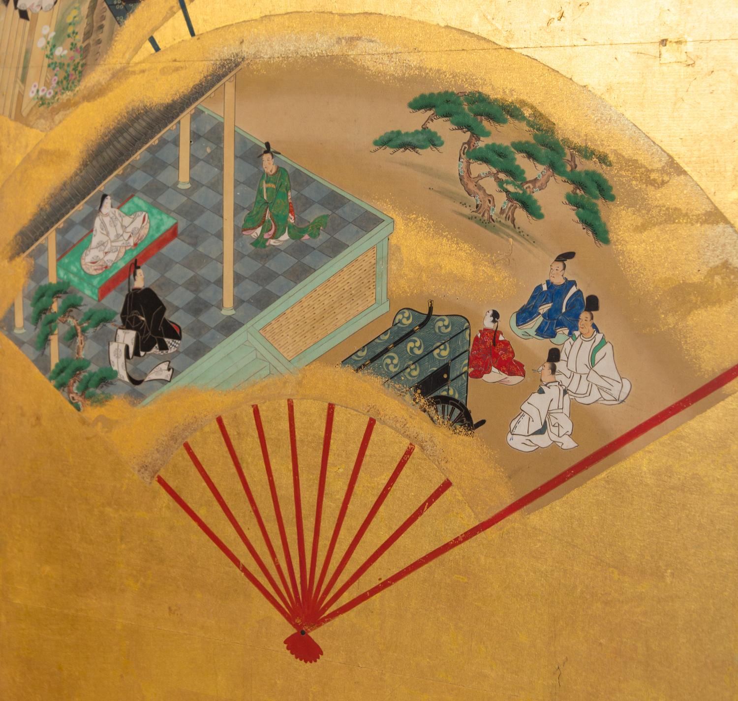 A Japanese Painted Paper Six-Panel Screen with a Gold Ground