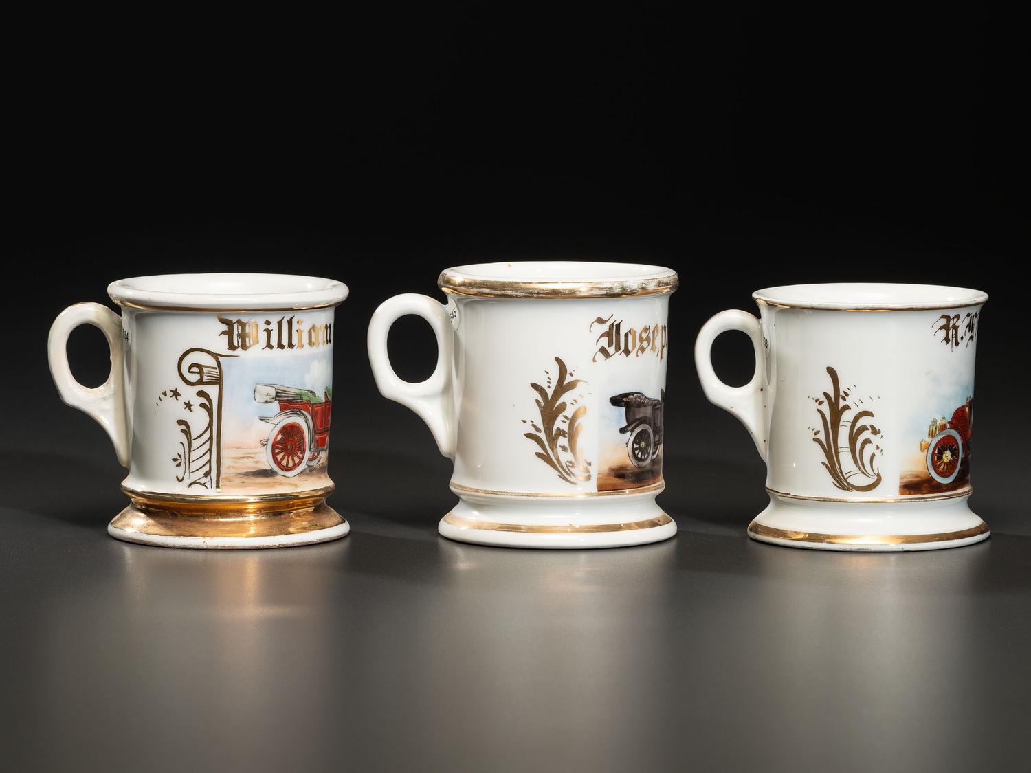 Three Porcelain Shaving Mugs Depicting Automobiles