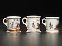 Three Porcelain Shaving Mugs Depicting Automobiles