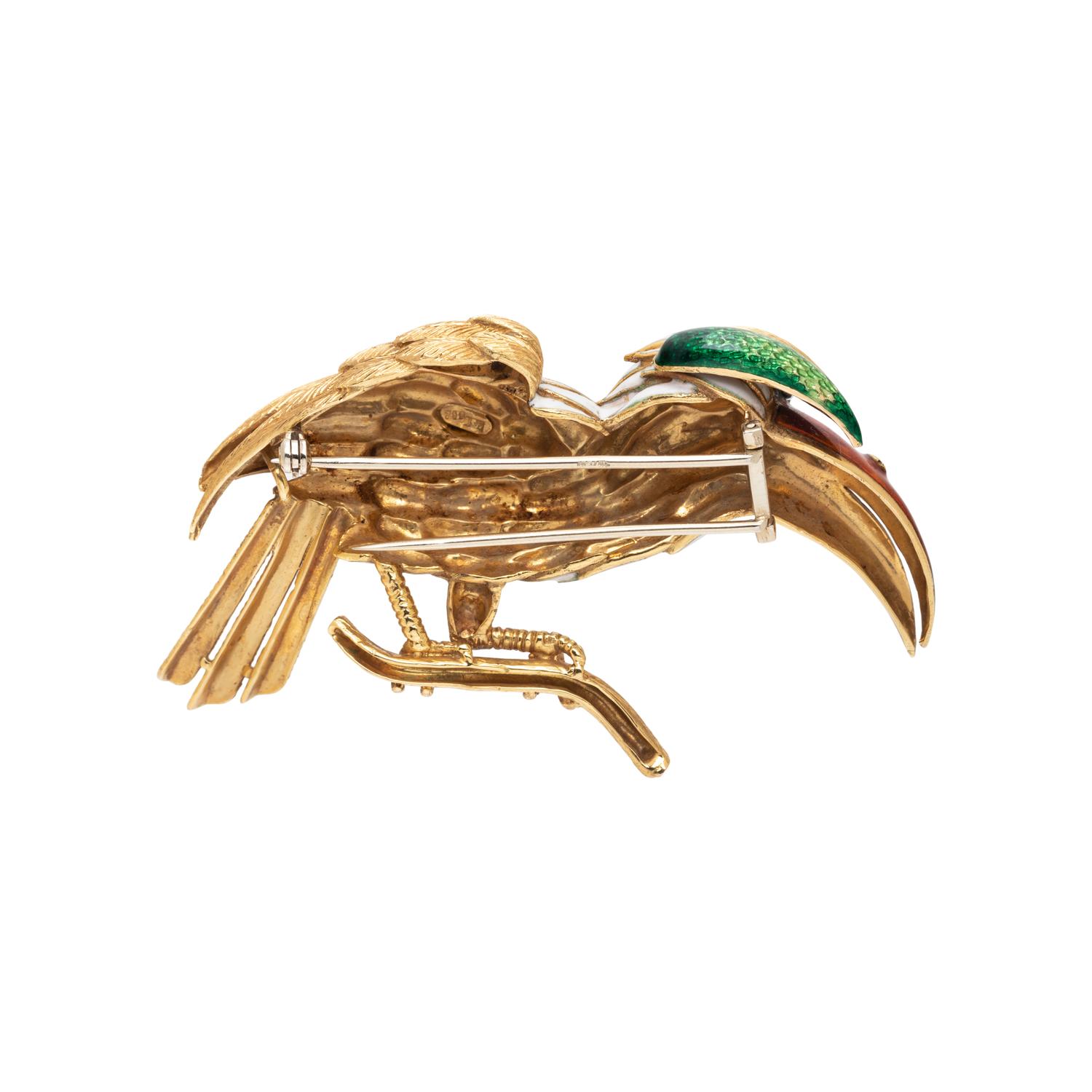POLYCHROME ENAMEL, DIAMOND AND MULTIGEM BIRD BROOCH