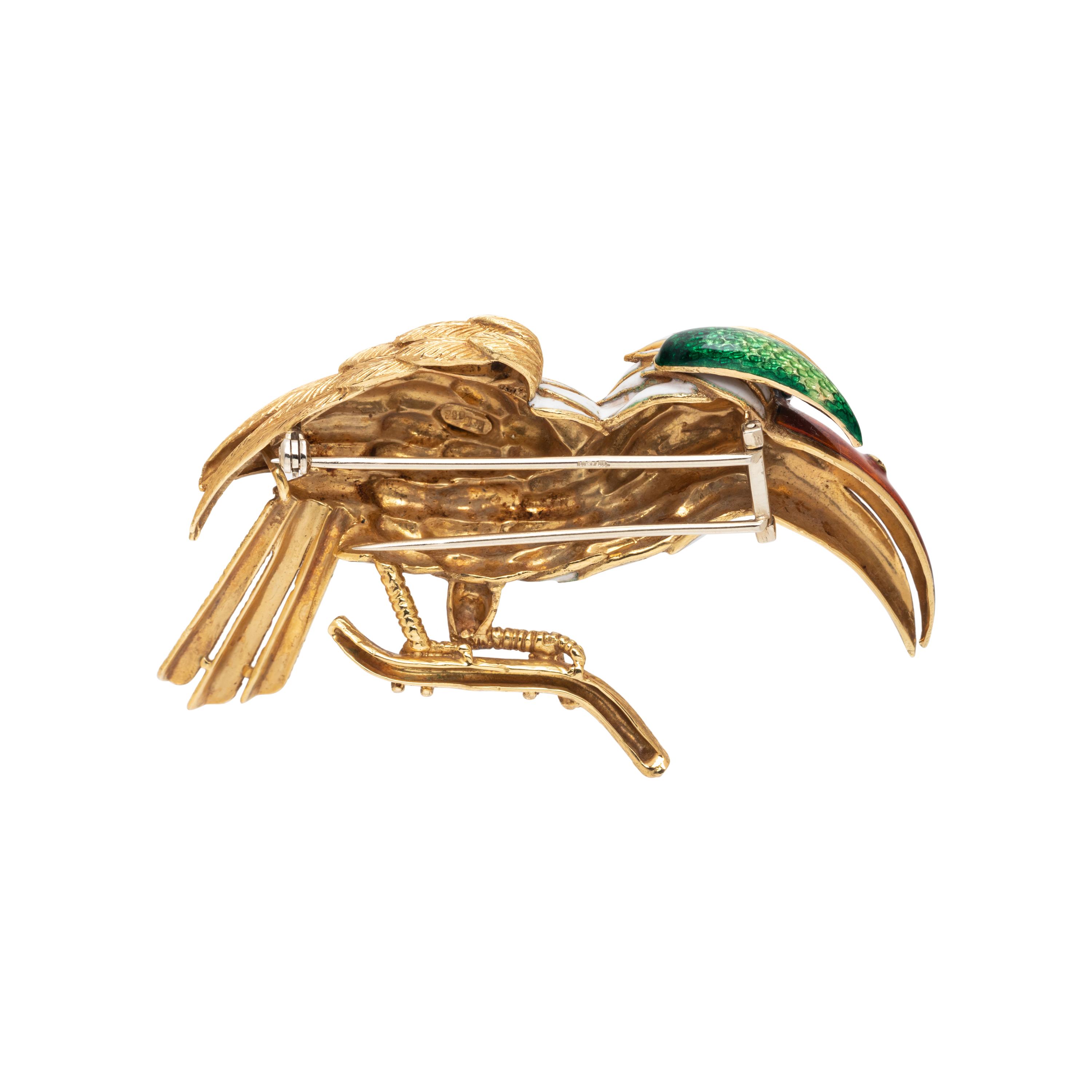 POLYCHROME ENAMEL, DIAMOND AND MULTIGEM BIRD BROOCH