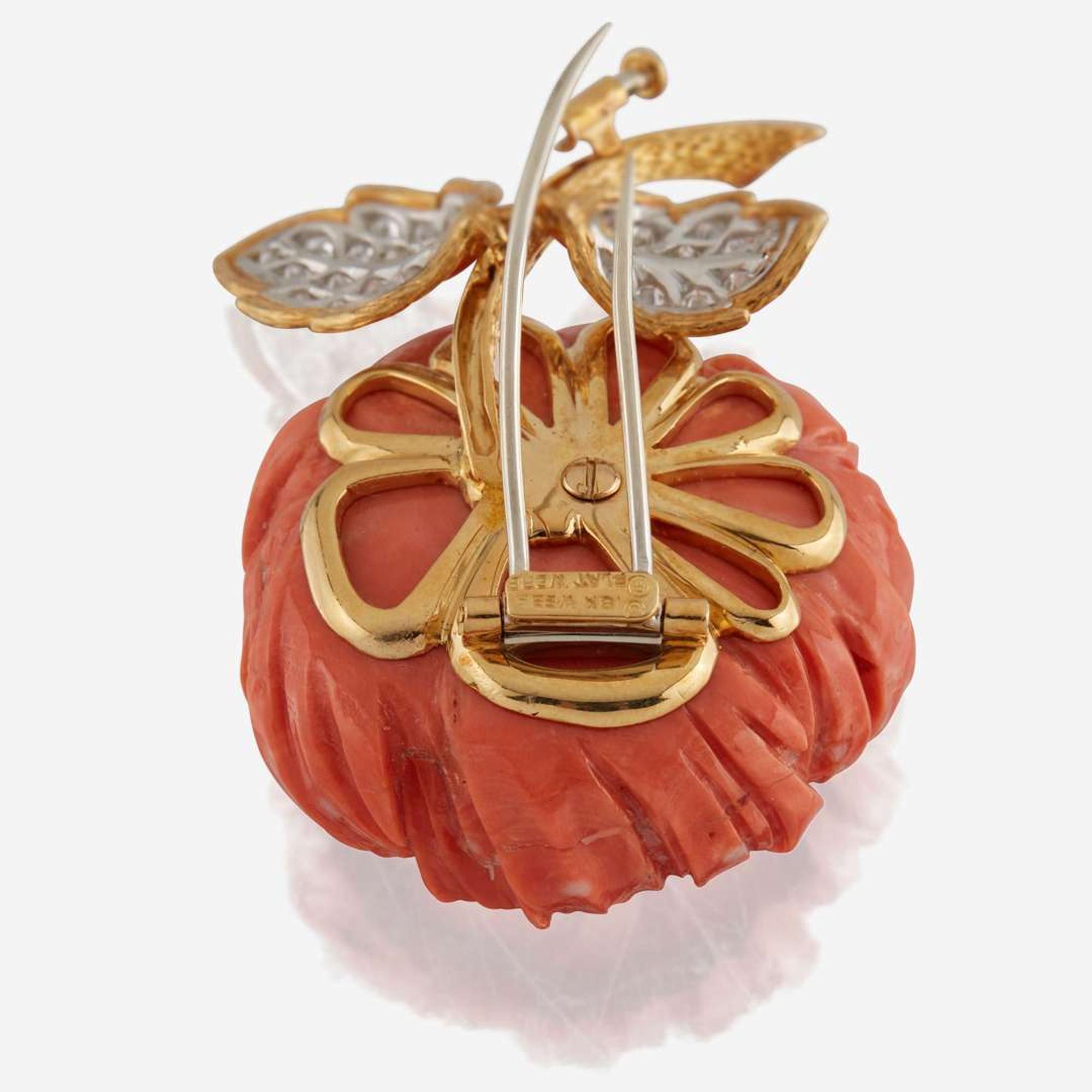 A coral, diamond, emerald, gold, and platinum brooch, David Webb