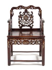 A Chinese Mother-of-Pearl Inlaid Hongmu Armchair, Meiguiyi Height 39 x width 24 3/4 x depth 18 3/8 inches. — LATE QING DYNASTY