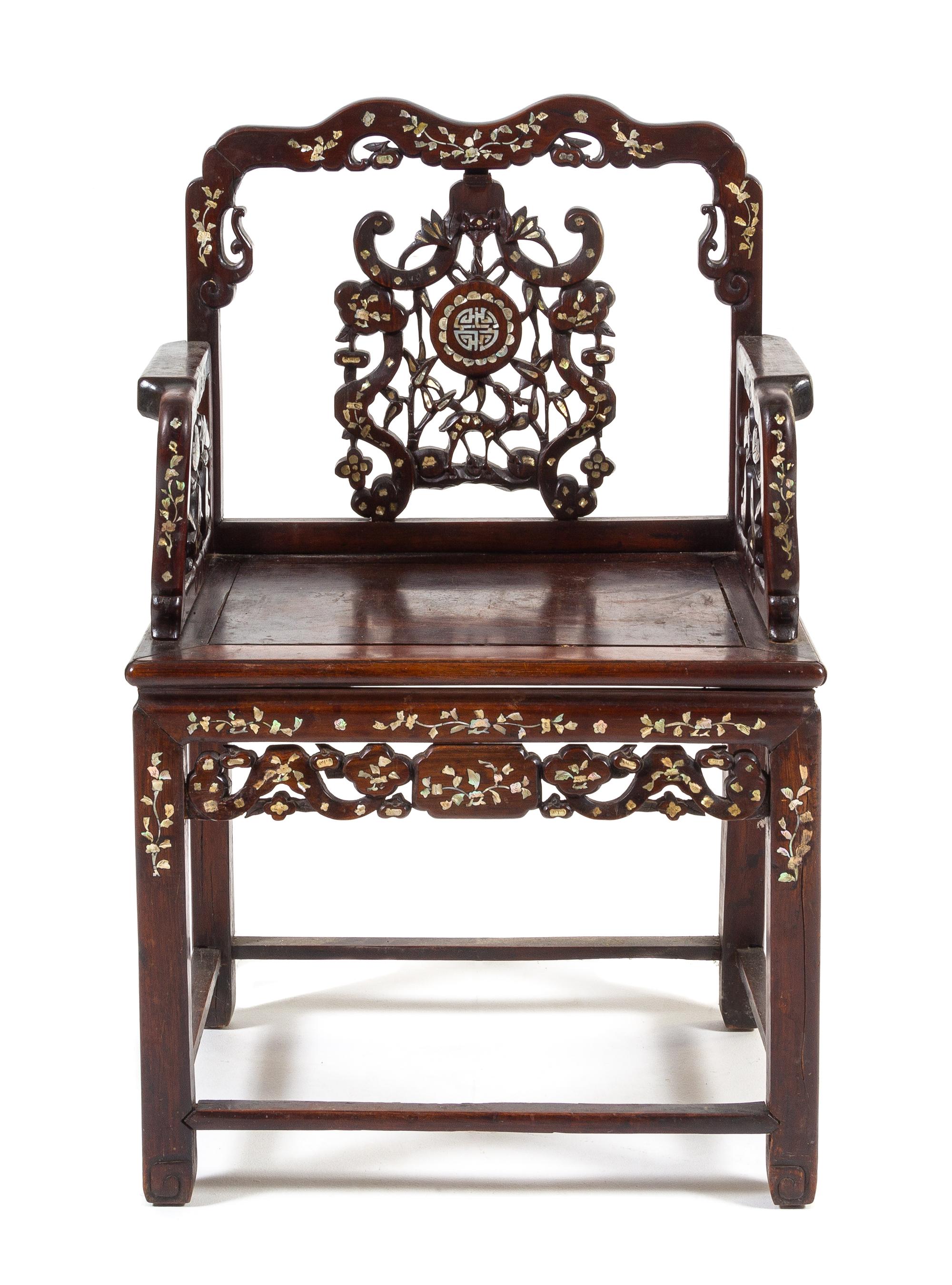 A Chinese Mother-of-Pearl Inlaid Hongmu Armchair, Meiguiyi Height 39 x width 24 3/4 x depth 18 3/8 inches. — LATE QING DYNASTY
