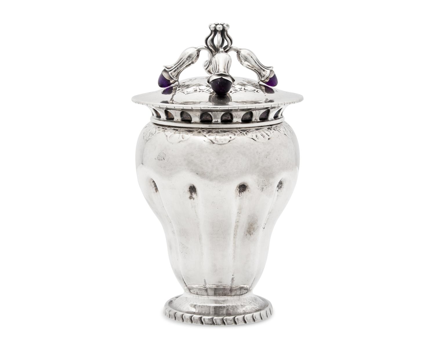 A Georg Jensen Silver and Amethyst Mounted Covered Urn