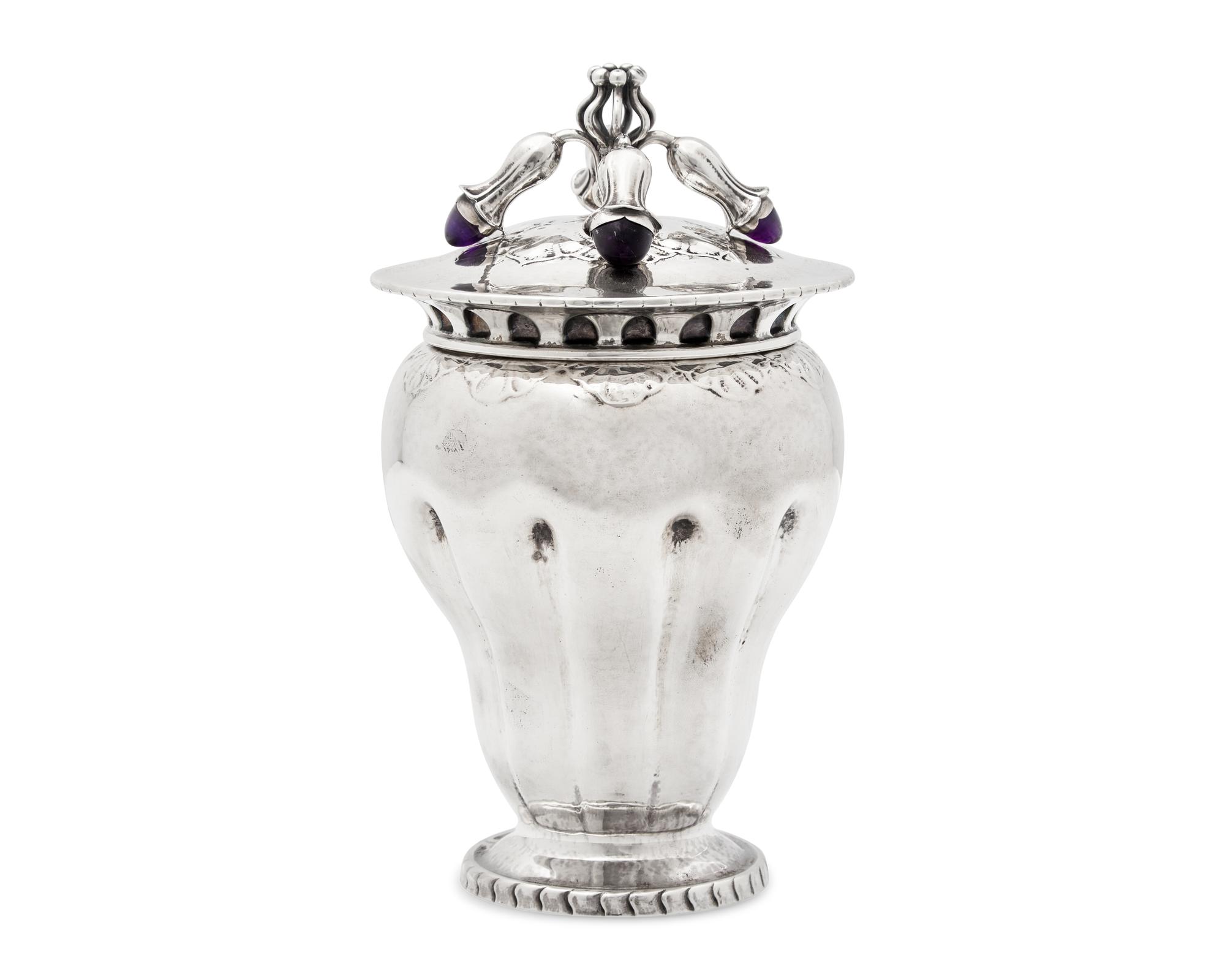 A Georg Jensen Silver and Amethyst Mounted Covered Urn
