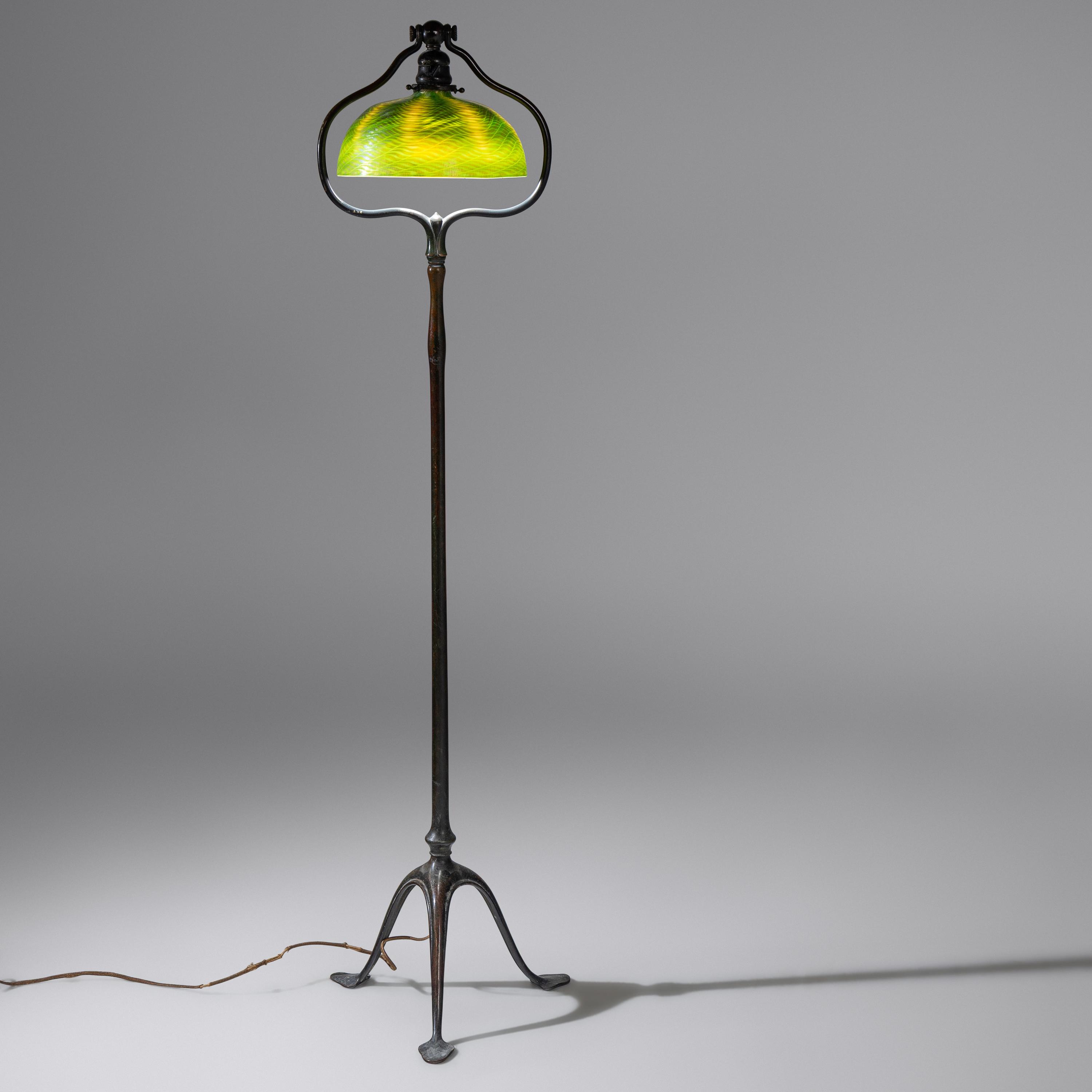 Tiffany Studios New York (American, 1880–1930) — Harp Floor Lamp with Damascene Favrile shade, c. 1910